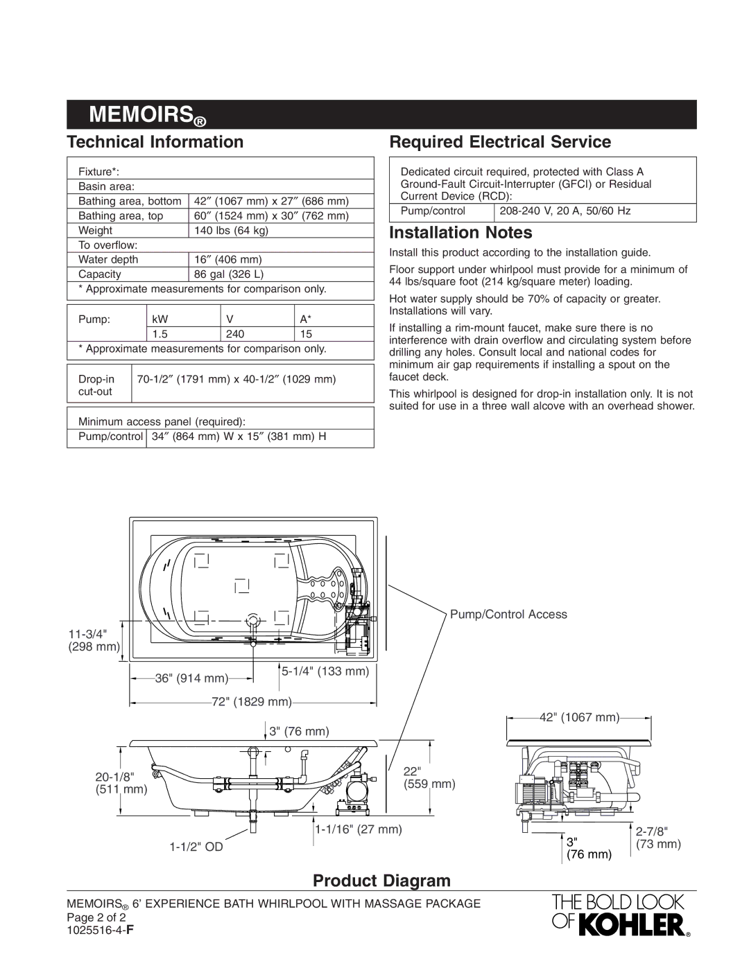 Kohler K-1418-M manual Technical Information, Required Electrical Service, Installation Notes, Product Diagram 