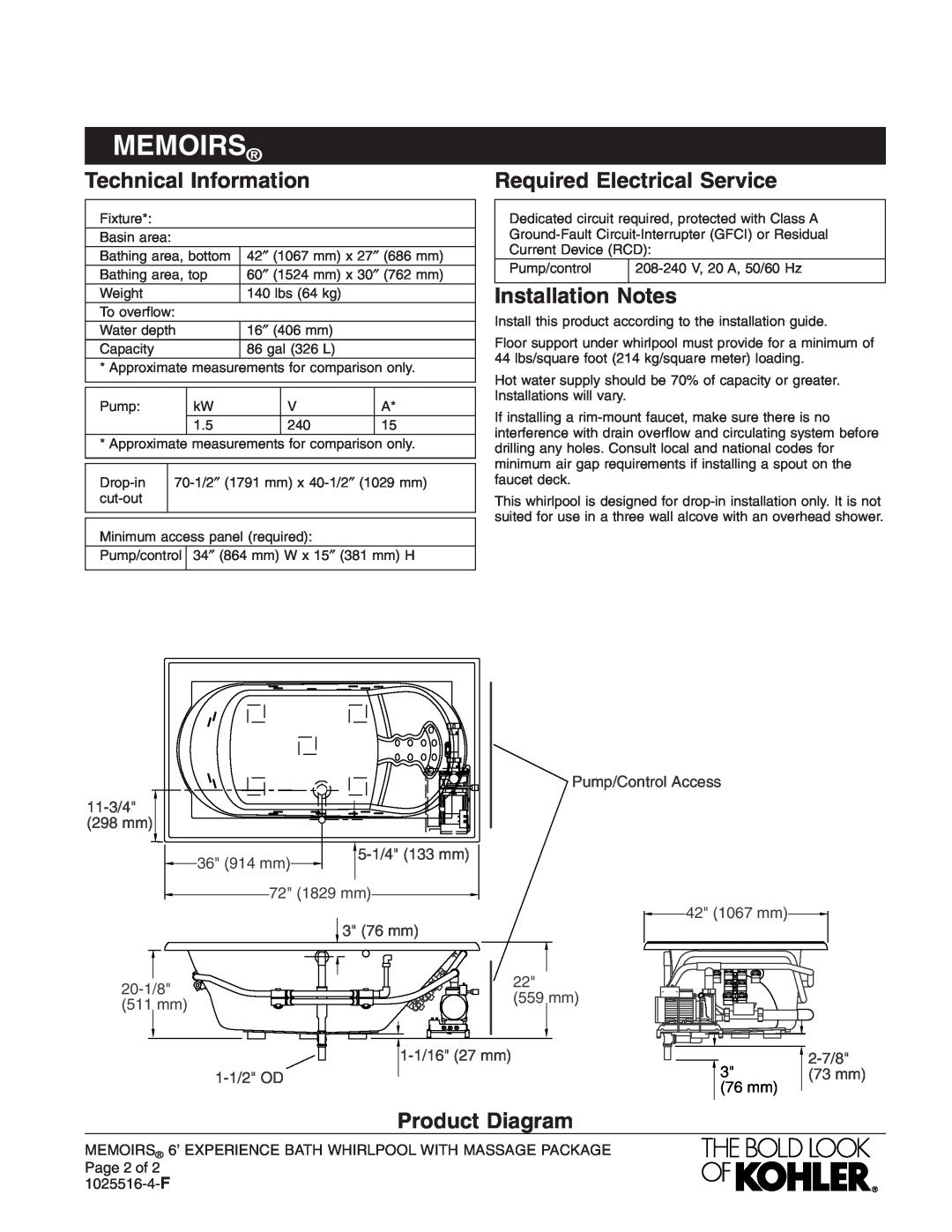 Kohler K-1418-M manual Technical Information, Required Electrical Service, Installation Notes, Product Diagram, Memoirs 