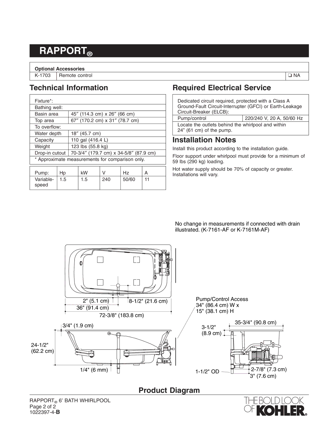 Kohler K-1496-H2 manual Technical Information, Required Electrical Service, Installation Notes, Product Diagram 