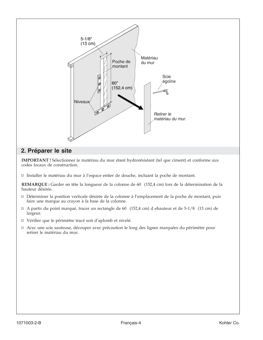 Kohler K-1840, 1071003-2-B manual Préparer le site 