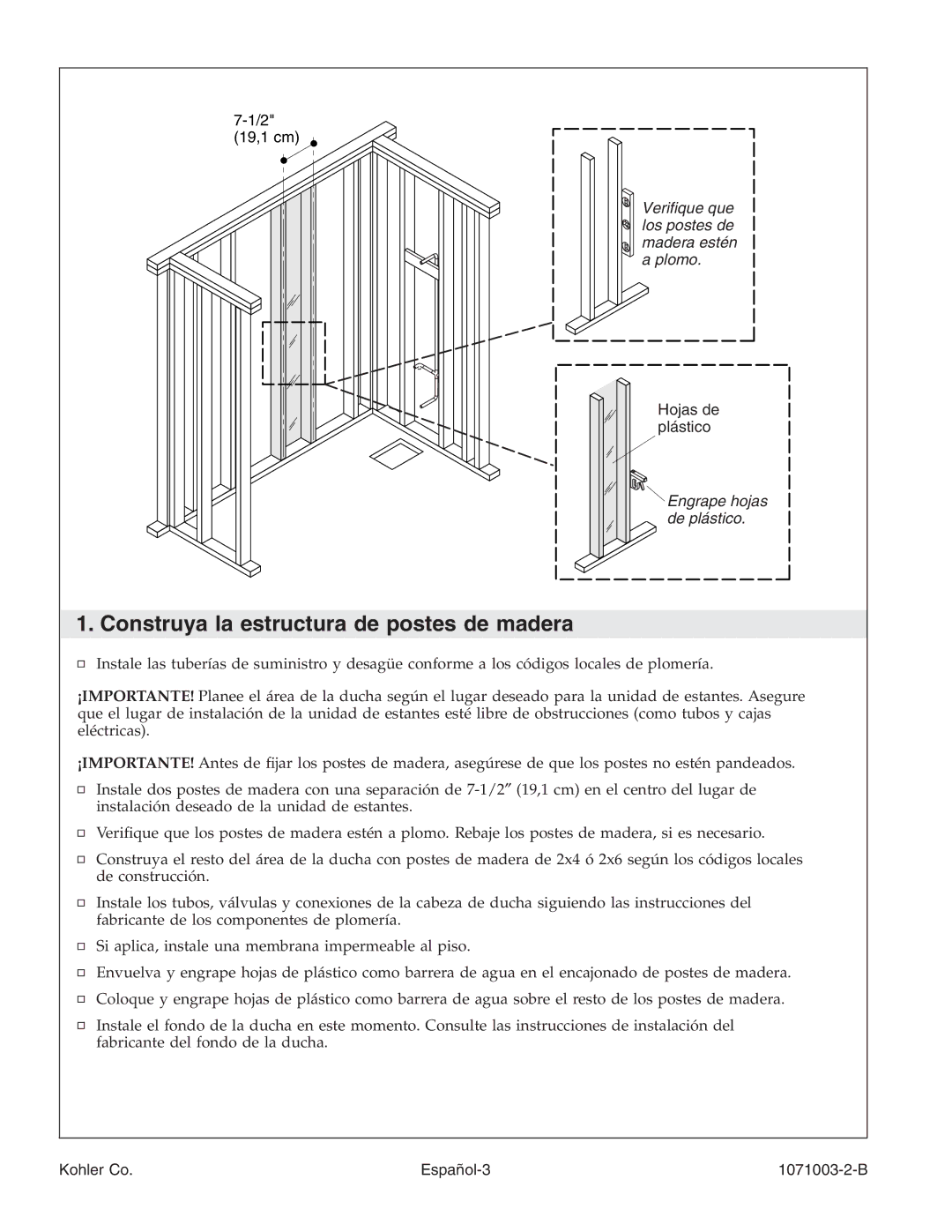 Kohler 1071003-2-B, K-1840 manual Construya la estructura de postes de madera 