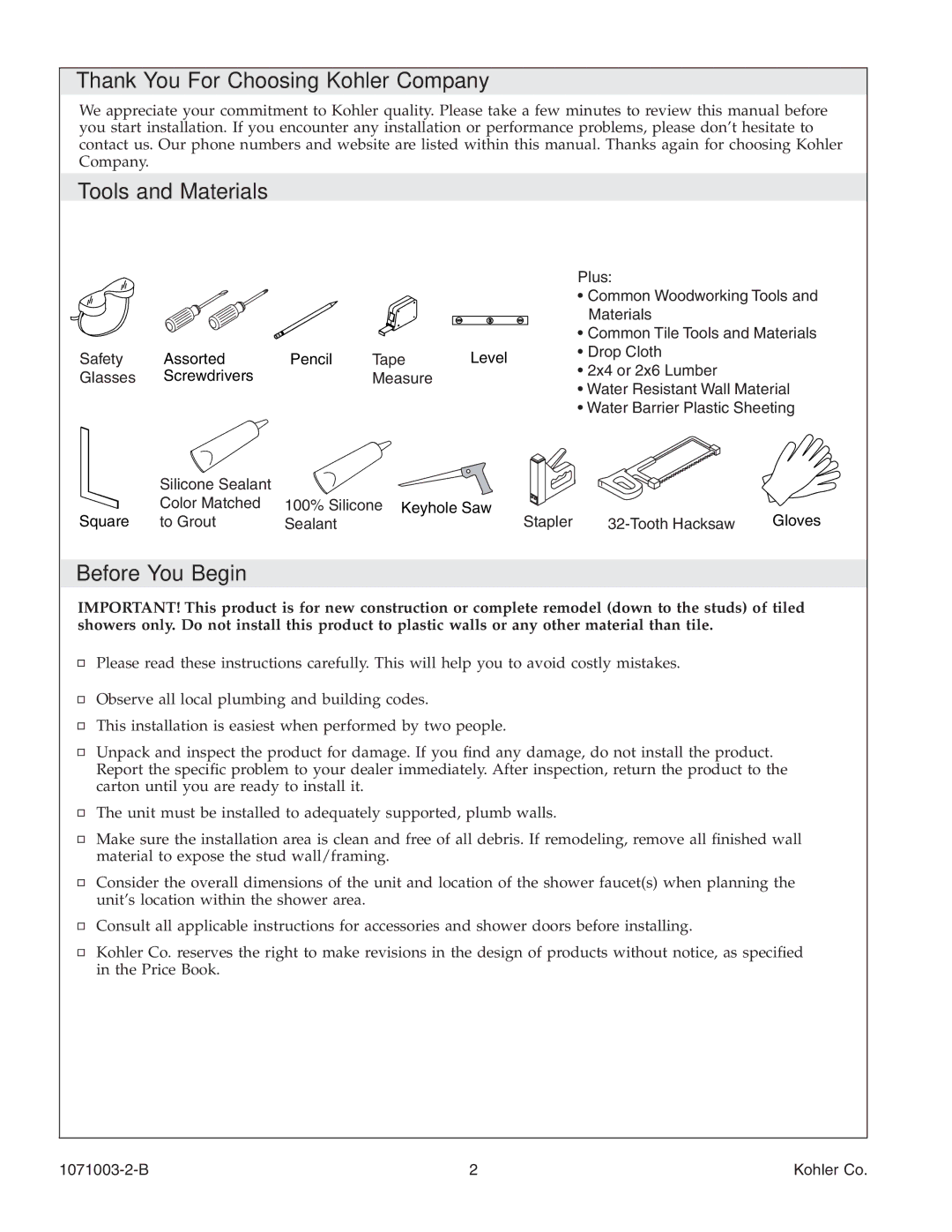 Kohler K-1840, 1071003-2-B manual Thank You For Choosing Kohler Company, Tools and Materials, Before You Begin 