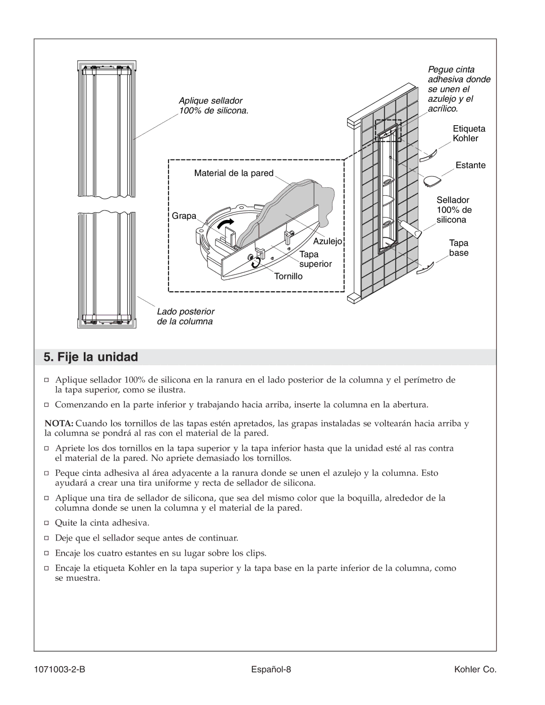 Kohler K-1840, 1071003-2-B manual Fije la unidad 