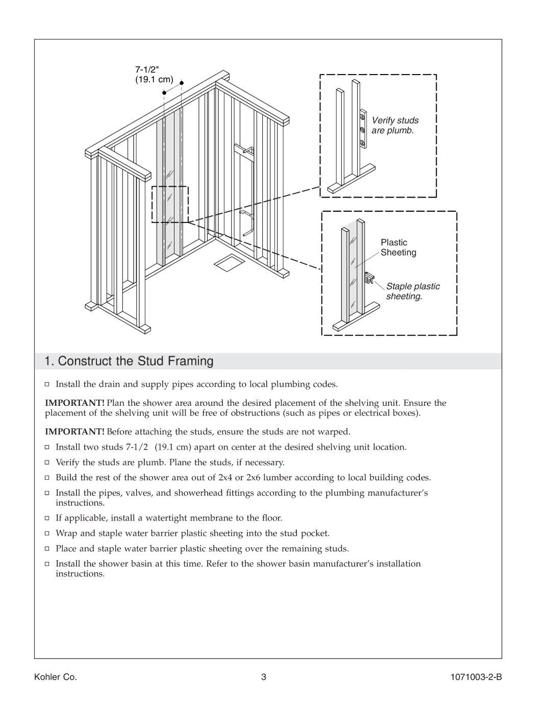 Kohler 1071003-2-B, K-1840 manual Construct the Stud Framing 