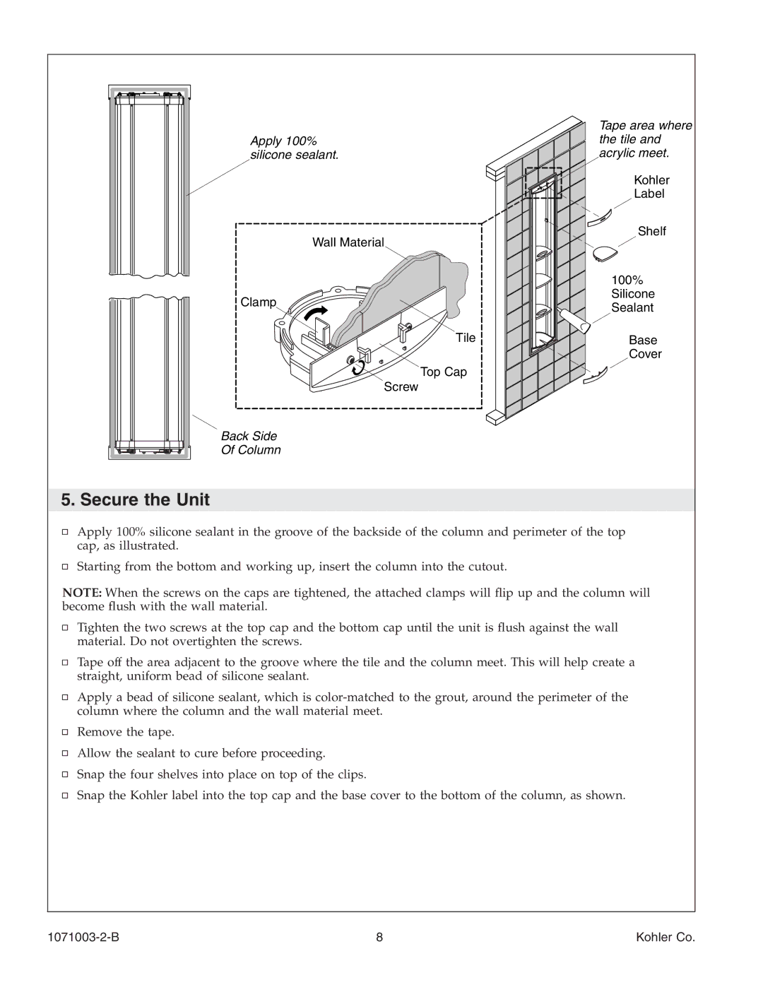 Kohler K-1840, 1071003-2-B manual Secure the Unit 