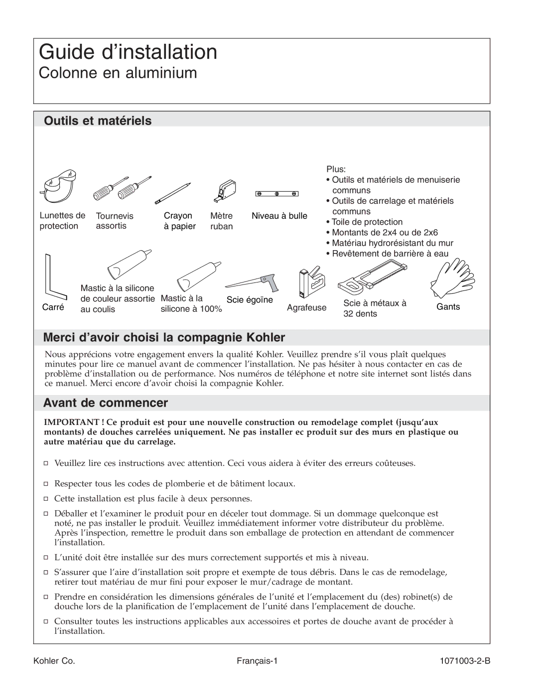 Kohler 1071003-2-B, K-1840 manual Outils et matériels, Merci d’avoir choisi la compagnie Kohler, Avant de commencer 