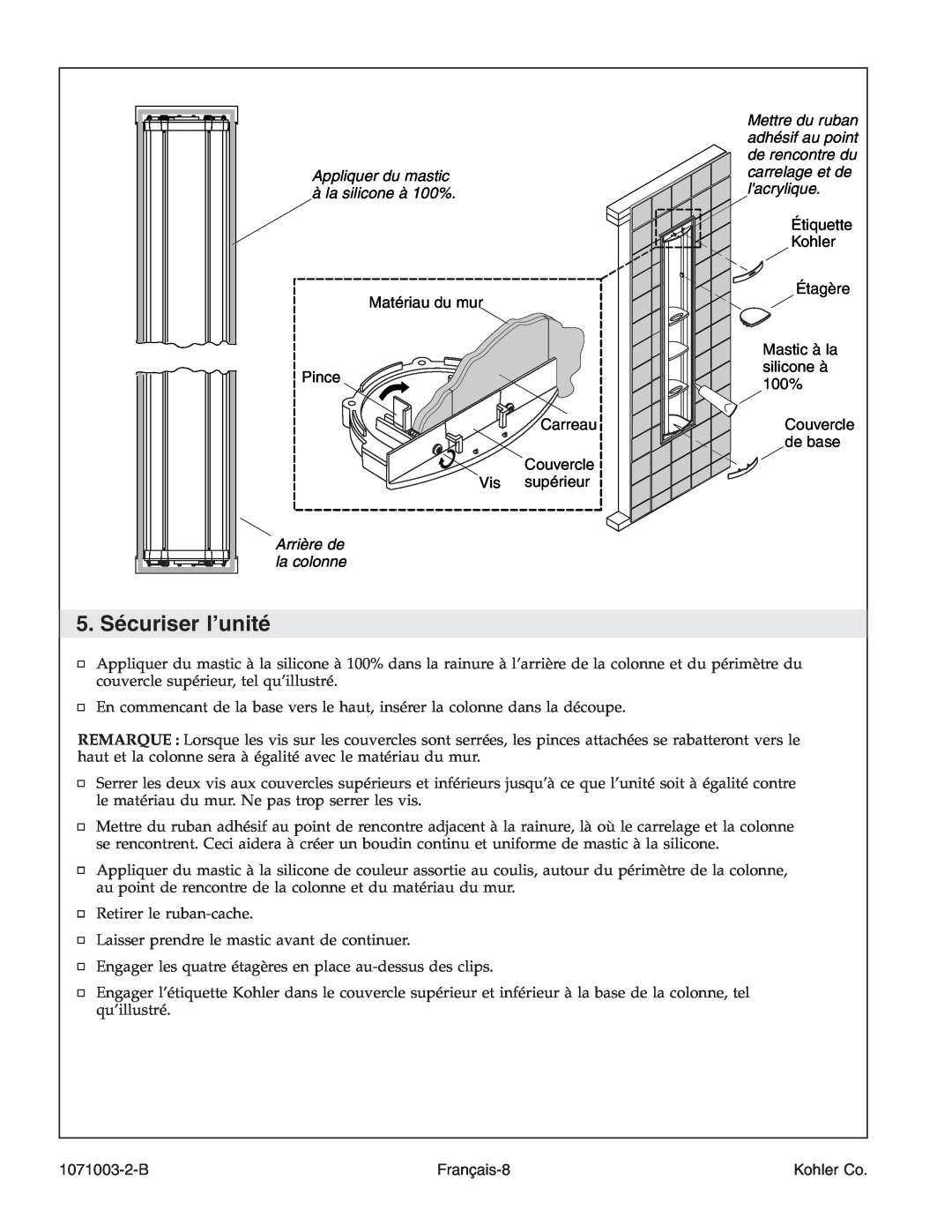 Kohler K-1840 manual 5. Sécuriser l’unité, Appliquer du mastic à la silicone à 100%, Arrière de la colonne, 1071003-2-B 