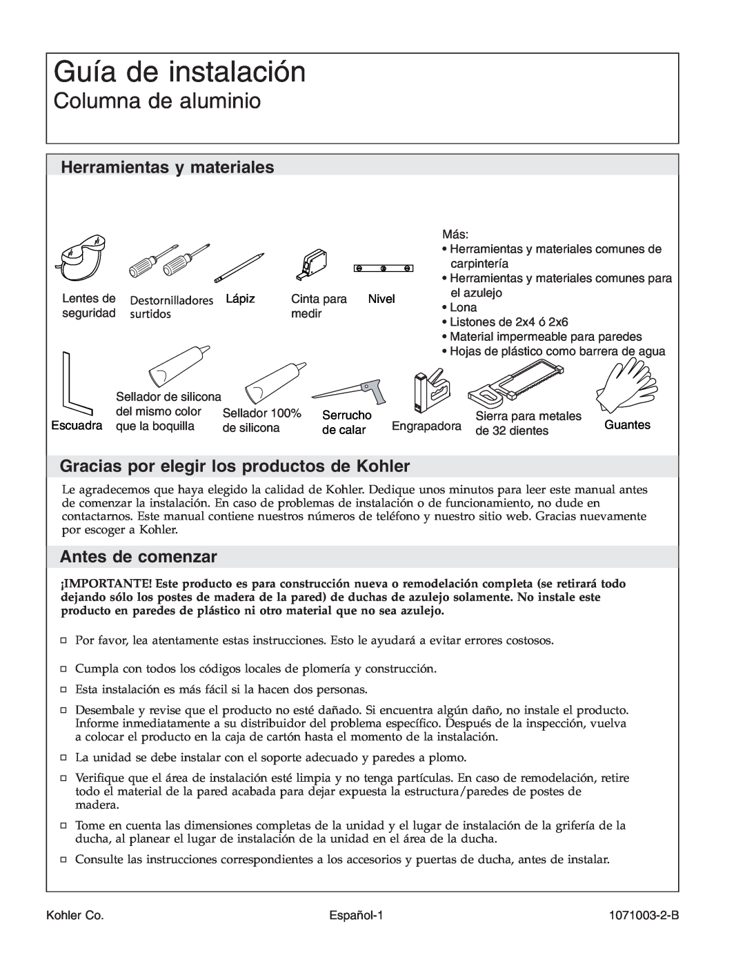 Kohler 1071003-2-B manual Guía de instalación, Columna de aluminio, Herramientas y materiales, Antes de comenzar, surtidos 