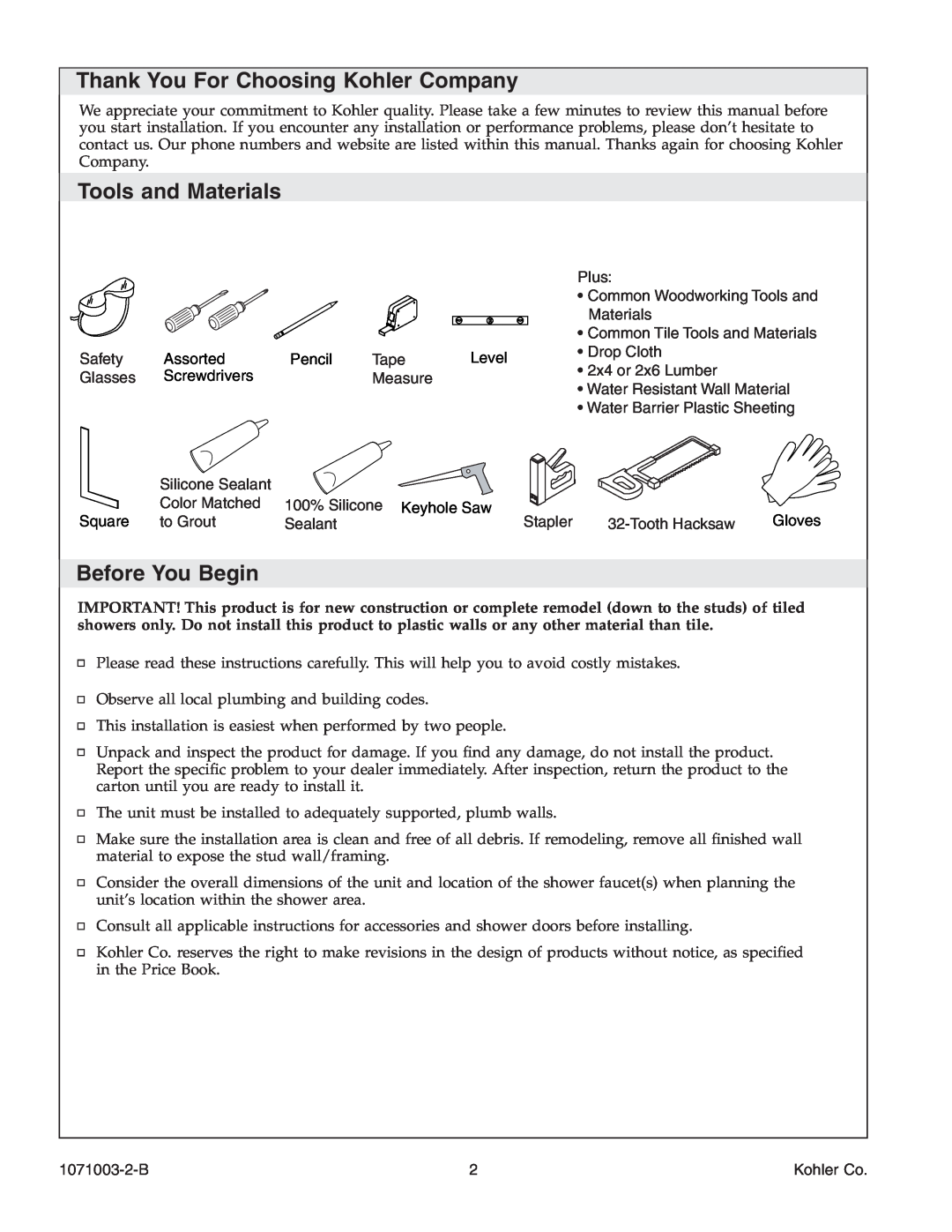 Kohler K-1840, 1071003-2-B manual Thank You For Choosing Kohler Company, Tools and Materials, Before You Begin 