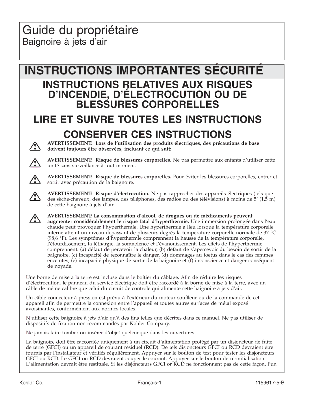 Kohler K-1969 manual Guide du propriétaire, Kohler Co Français-1 1159617-5-B 