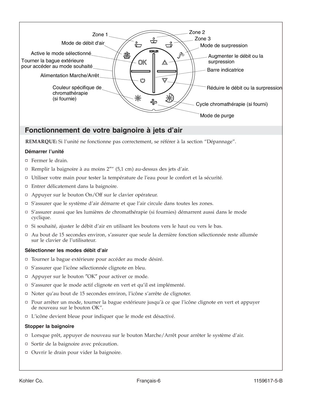 Kohler K-1969 manual Fonctionnement de votre baignoire à jets d’air, Démarrer l’unité, Sélectionner les modes débit d’air 