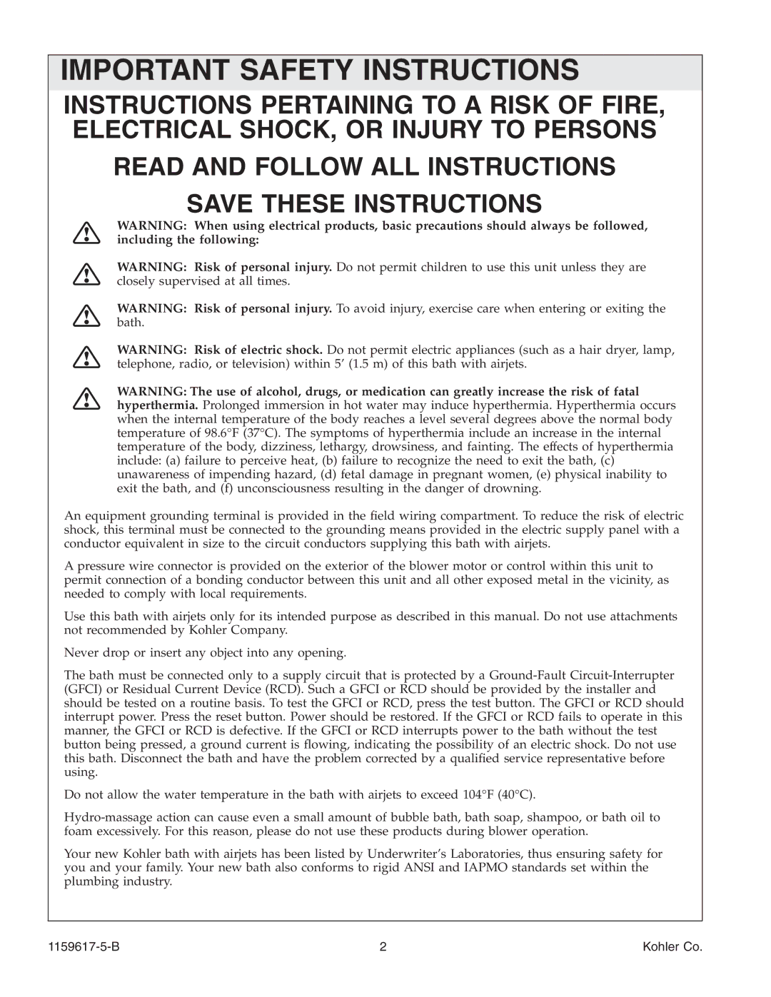 Kohler K-1969 manual Important Safety Instructions, B Kohler Co 