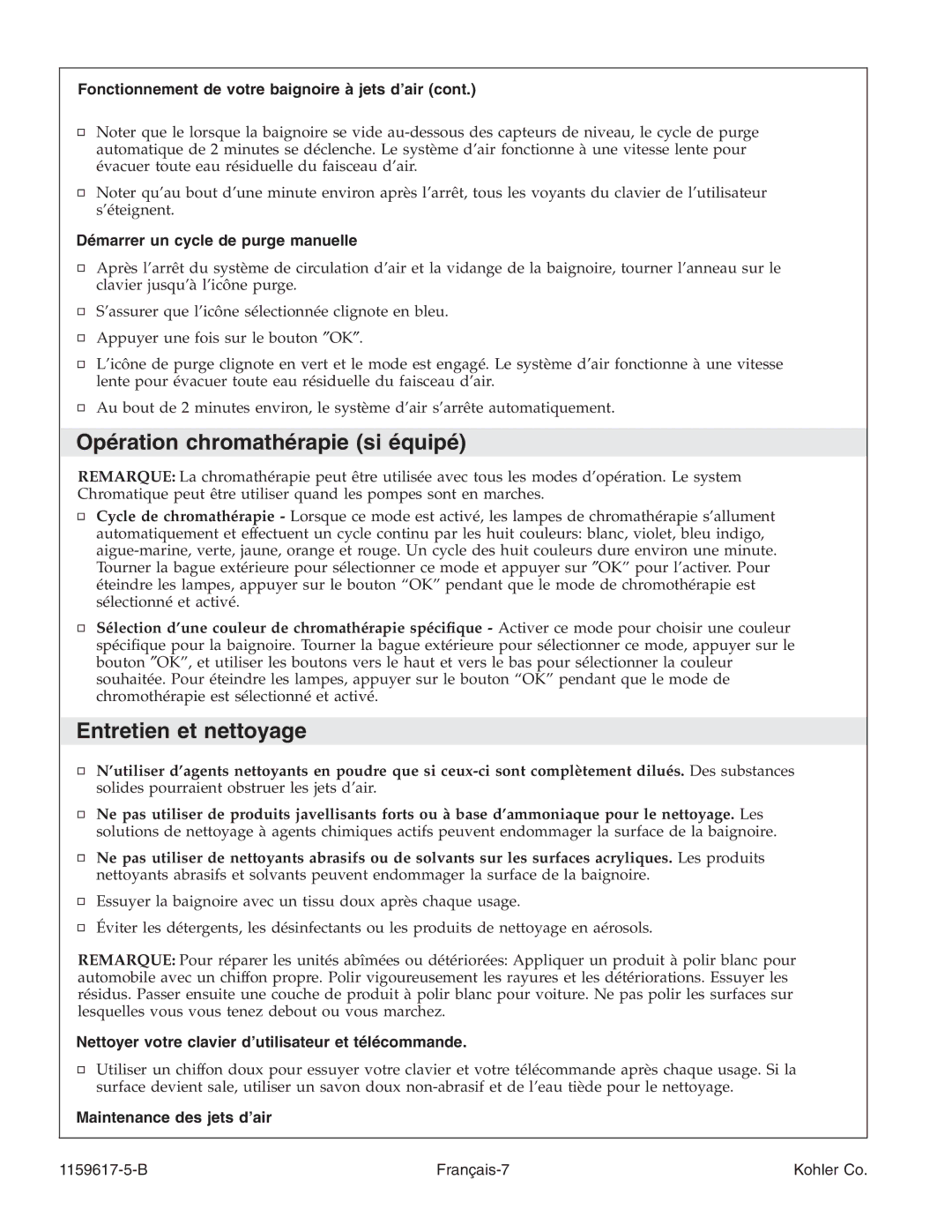 Kohler K-1969 manual Opération chromathérapie si équipé, Entretien et nettoyage, Maintenance des jets d’air 