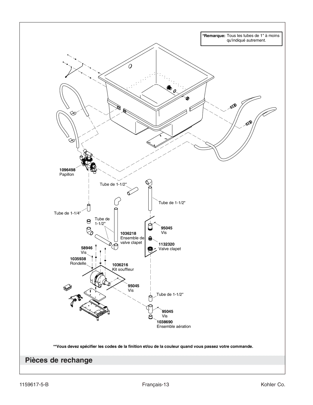 Kohler K-1969 manual Pièces de rechange, B Français-13 Kohler Co 