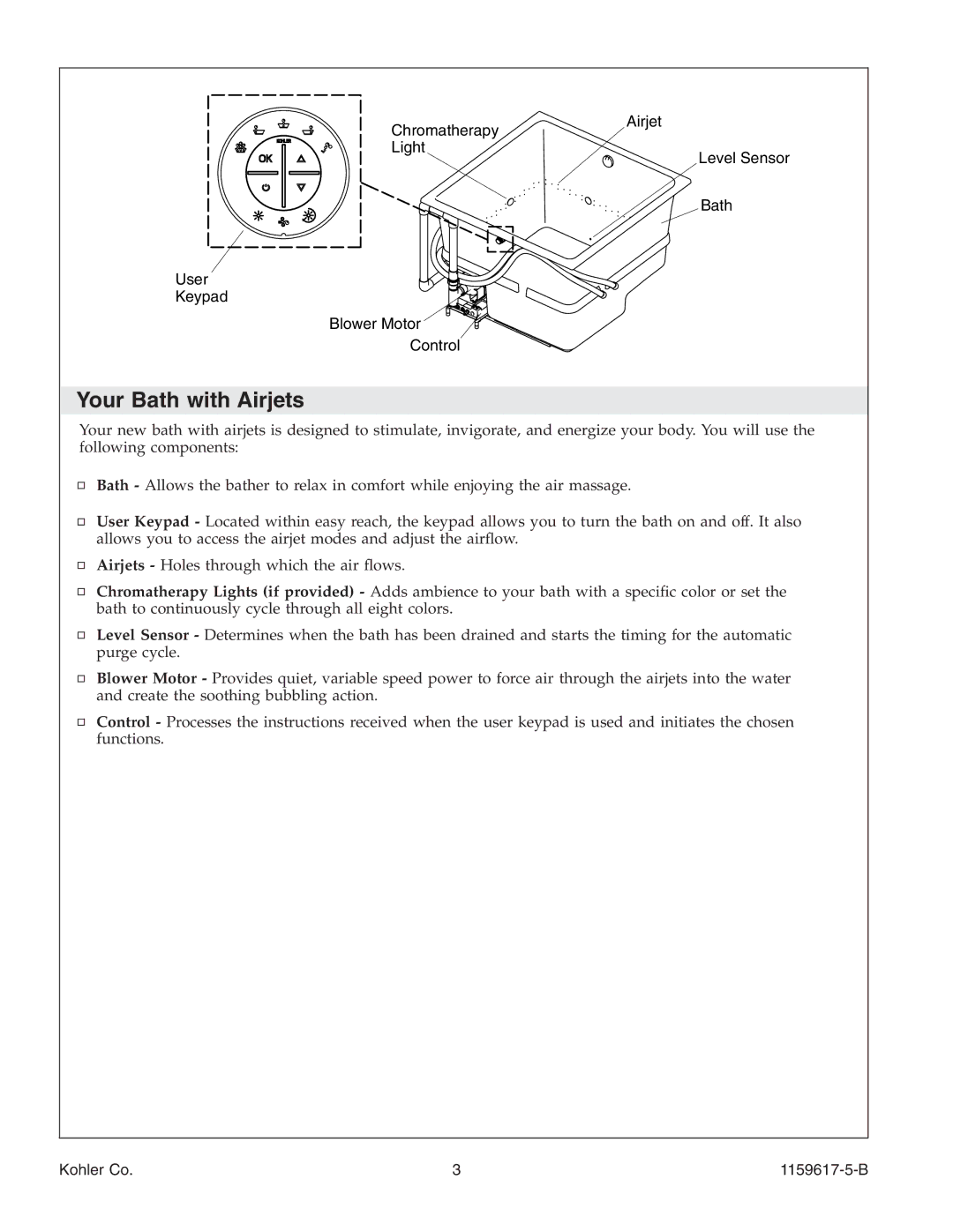 Kohler K-1969 manual Your Bath with Airjets, Kohler Co 1159617-5-B 