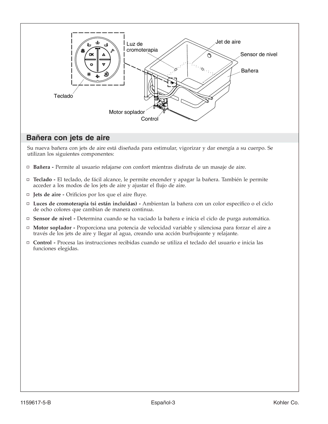 Kohler K-1969 manual Bañera con jets de aire, B Español-3 Kohler Co 