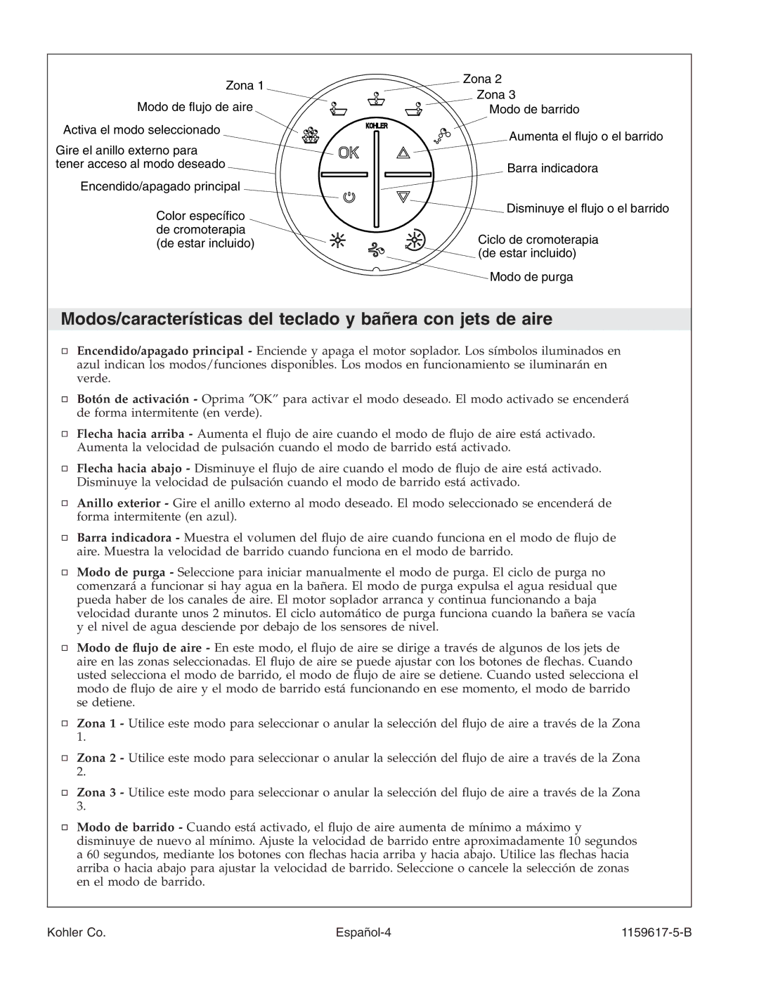 Kohler K-1969 manual Modos/características del teclado y bañera con jets de aire, Kohler Co Español-4 1159617-5-B 