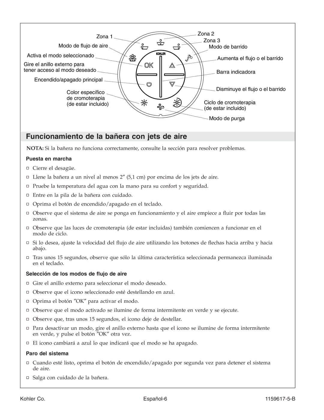 Kohler K-1969 manual Funcionamiento de la bañera con jets de aire, Puesta en marcha, Selección de los modos de ﬂujo de aire 