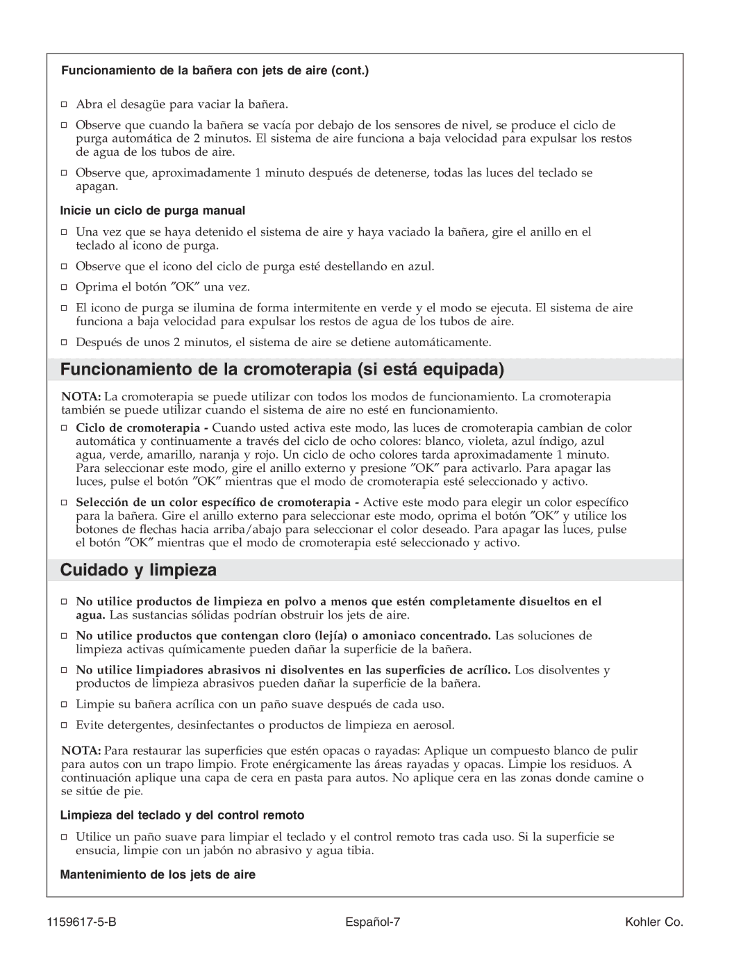 Kohler K-1969 manual Funcionamiento de la cromoterapia si está equipada, Cuidado y limpieza 