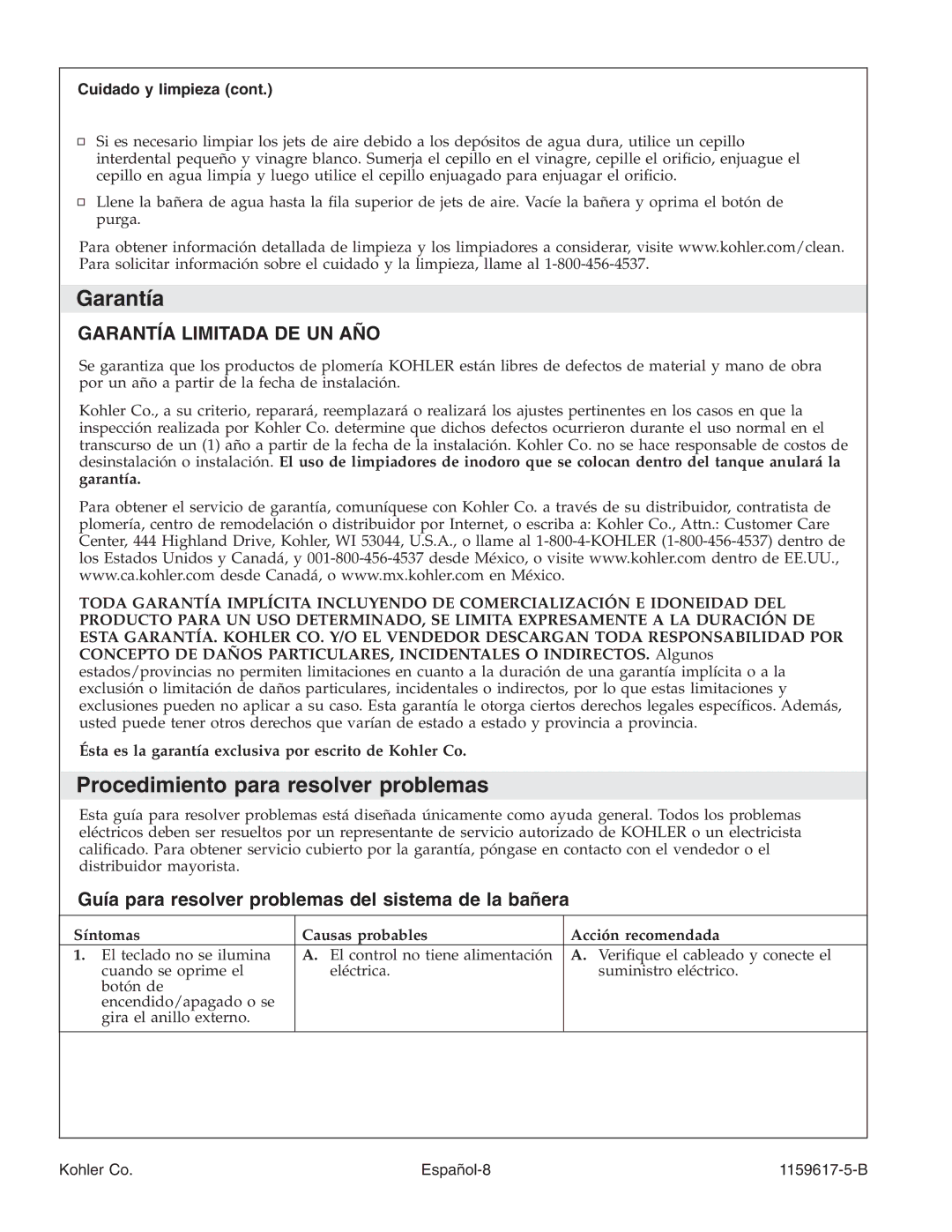 Kohler K-1969 manual Garantía, Procedimiento para resolver problemas, Guía para resolver problemas del sistema de la bañera 