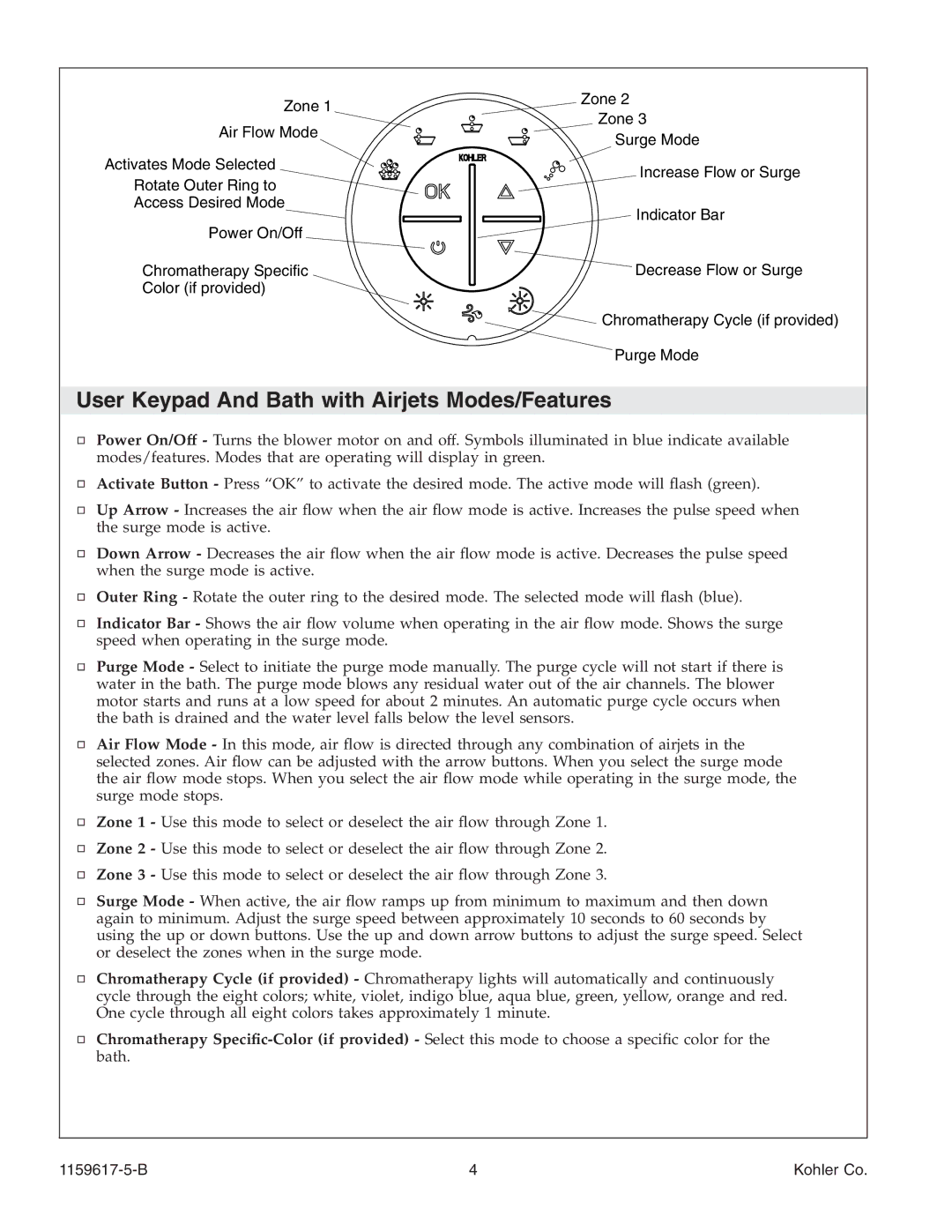 Kohler K-1969 manual User Keypad And Bath with Airjets Modes/Features 