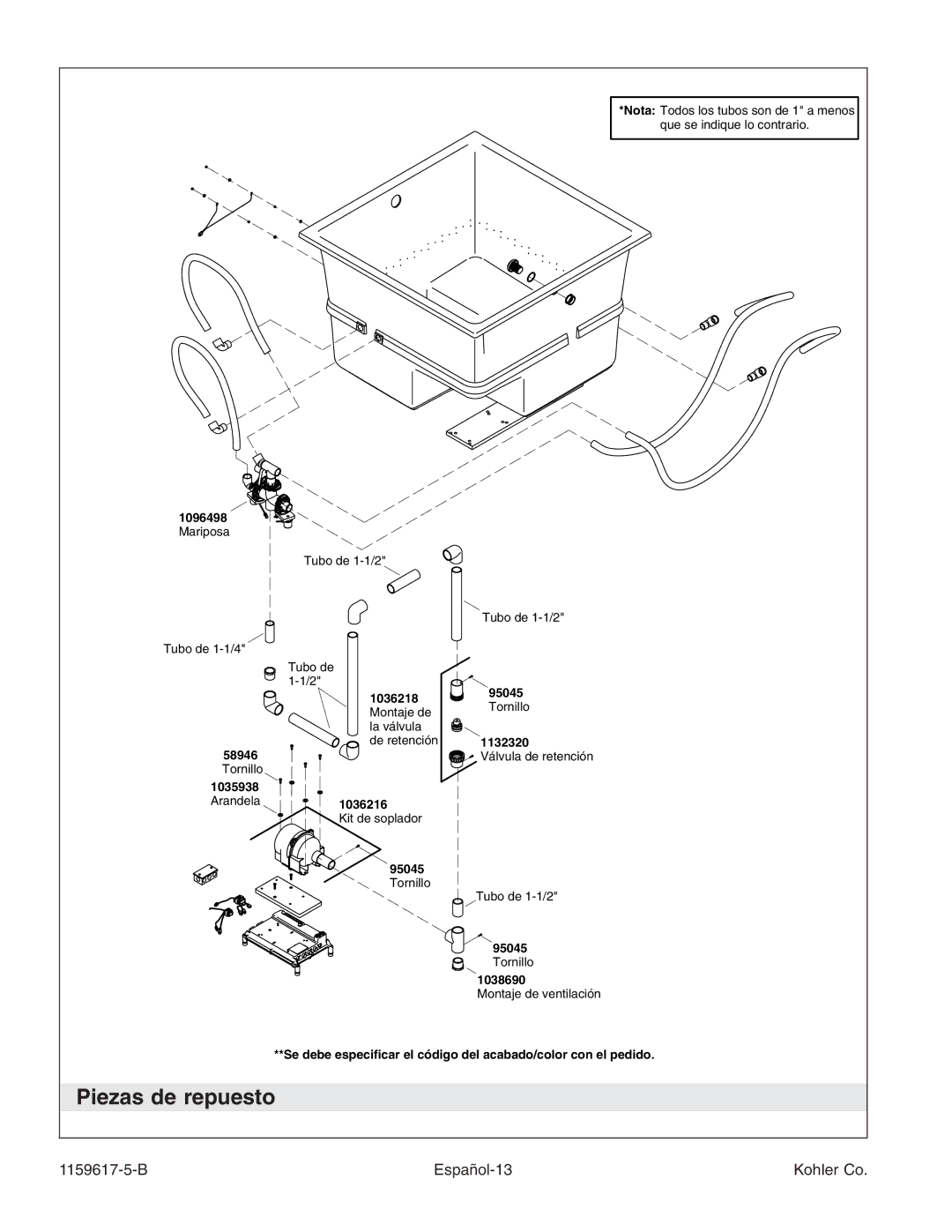 Kohler K-1969 manual Piezas de repuesto, B Español-13 Kohler Co 