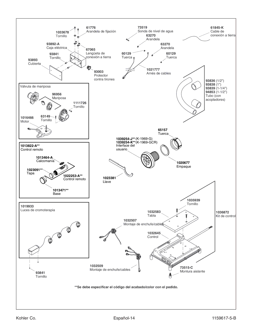 Kohler K-1969 manual Kohler Co Español-14 1159617-5-B, 93836 1/2 93838 