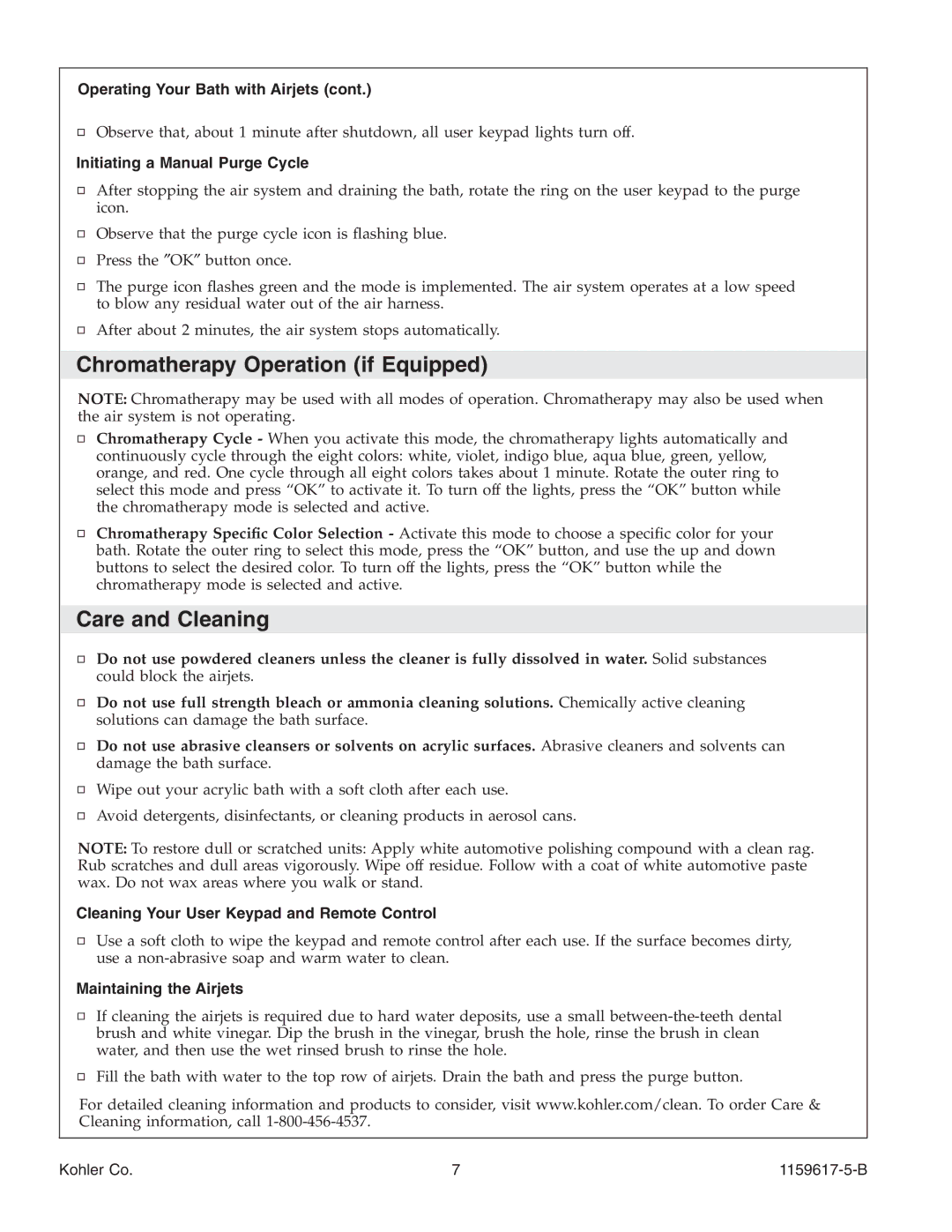 Kohler K-1969 manual Chromatherapy Operation if Equipped, Care and Cleaning 