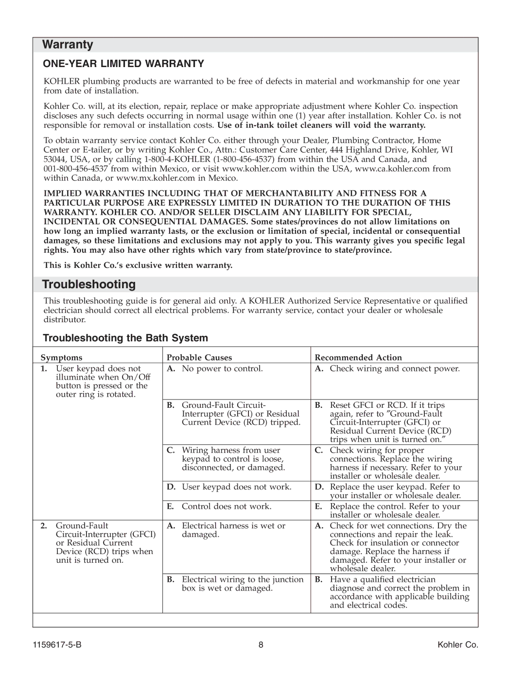 Kohler K-1969 manual Warranty, Troubleshooting the Bath System 