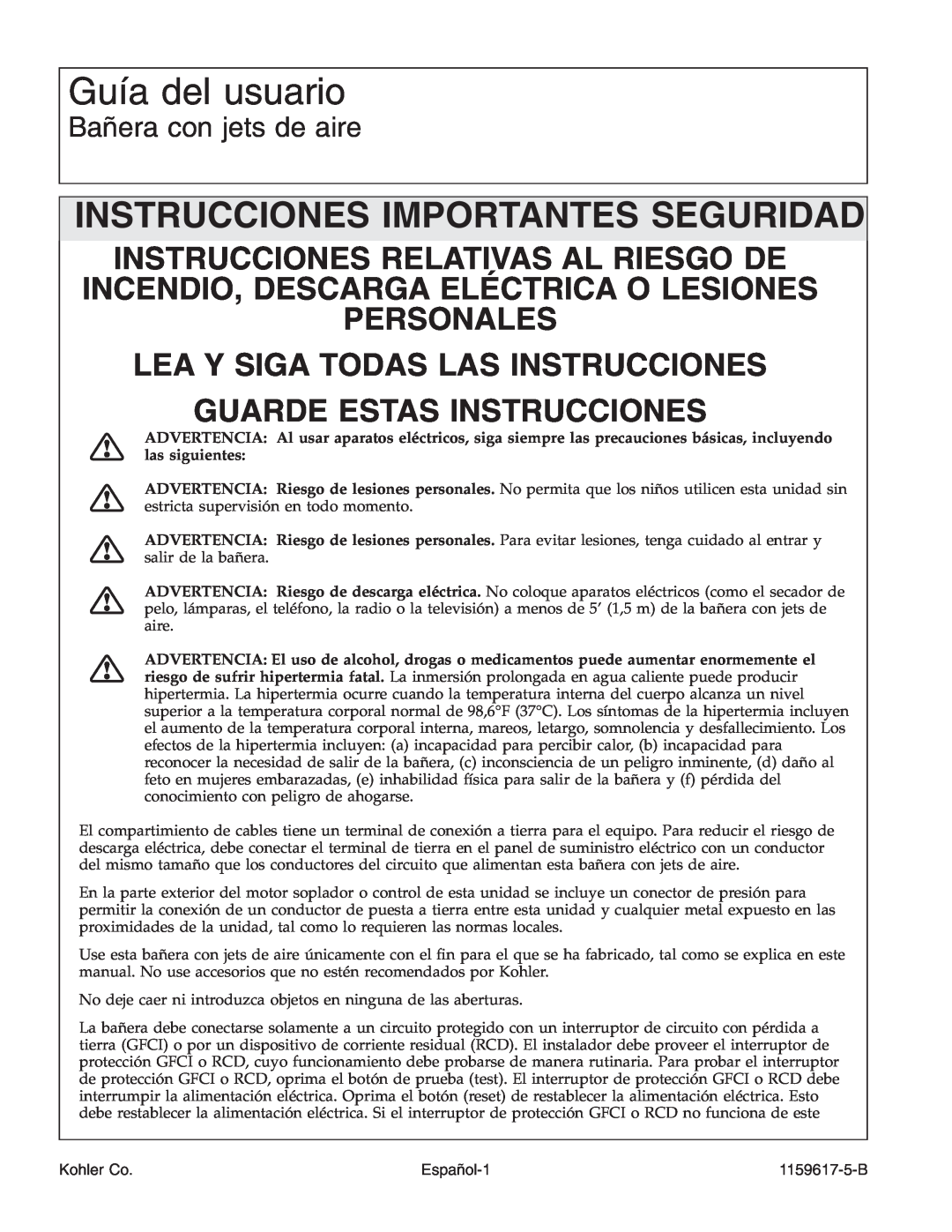 Kohler K-1969 manual Guía del usuario, Instrucciones Importantes Seguridad, Bañera con jets de aire, Español-1, Kohler Co 