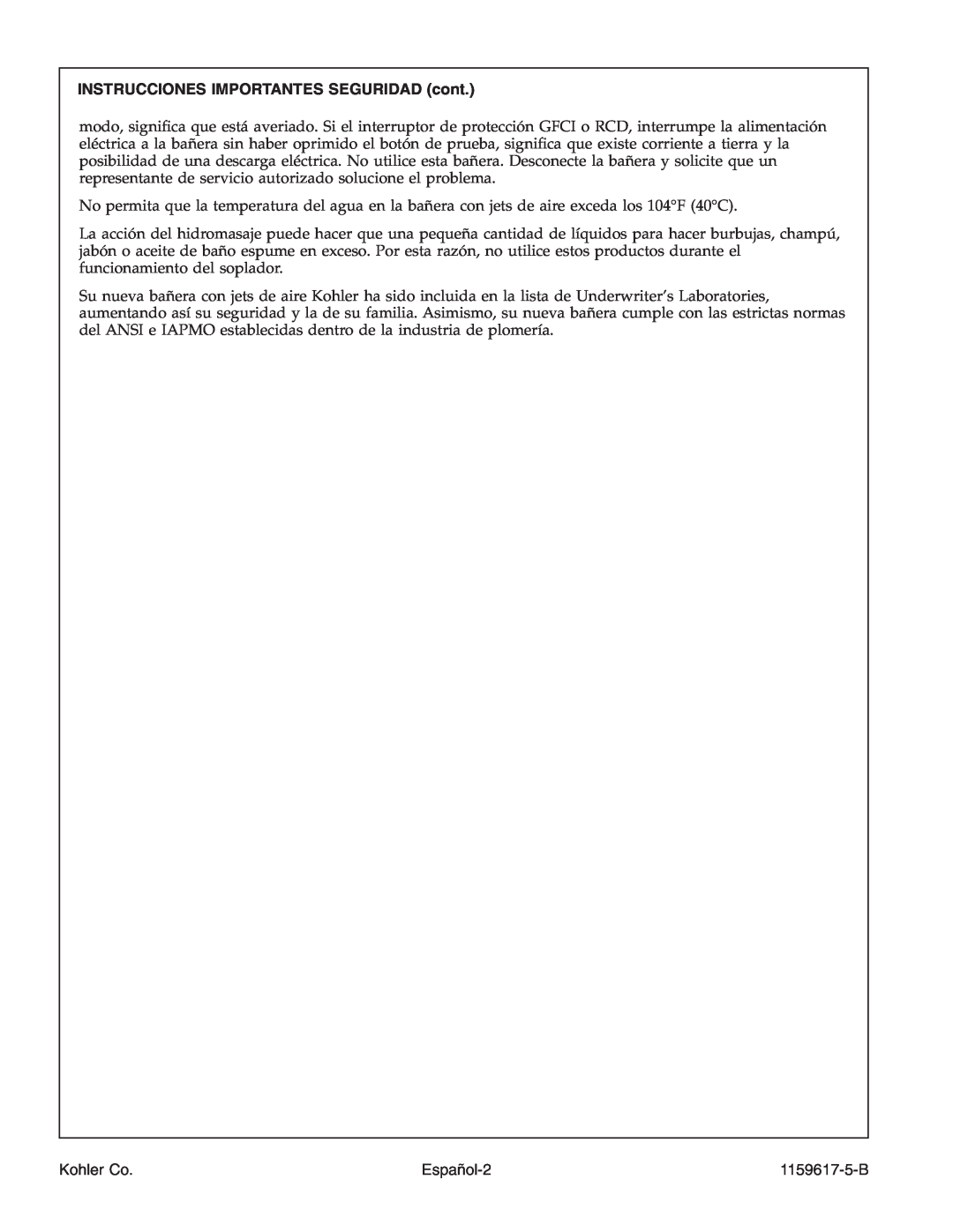 Kohler K-1969 manual INSTRUCCIONES IMPORTANTES SEGURIDAD cont, Español-2, Kohler Co, 1159617-5-B 