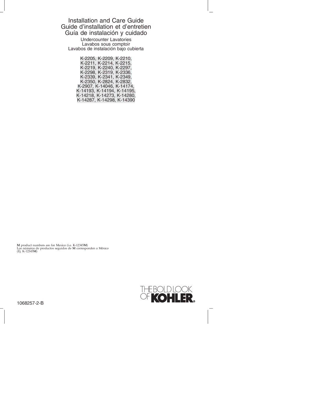 Kohler K-2214, K-2211, K-2205, K-2209, K-2210 manual 1068257-2-B 