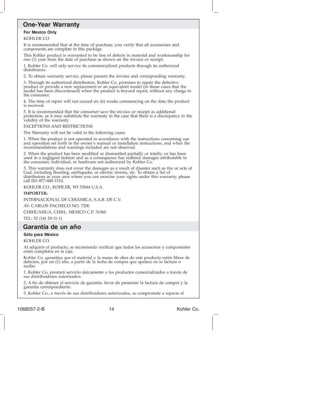 Kohler K-2210, K-2211, K-2214, K-2205, K-2209 manual One-Year Warranty, Garantía de un año, For Mexico Only, Sólo para México 