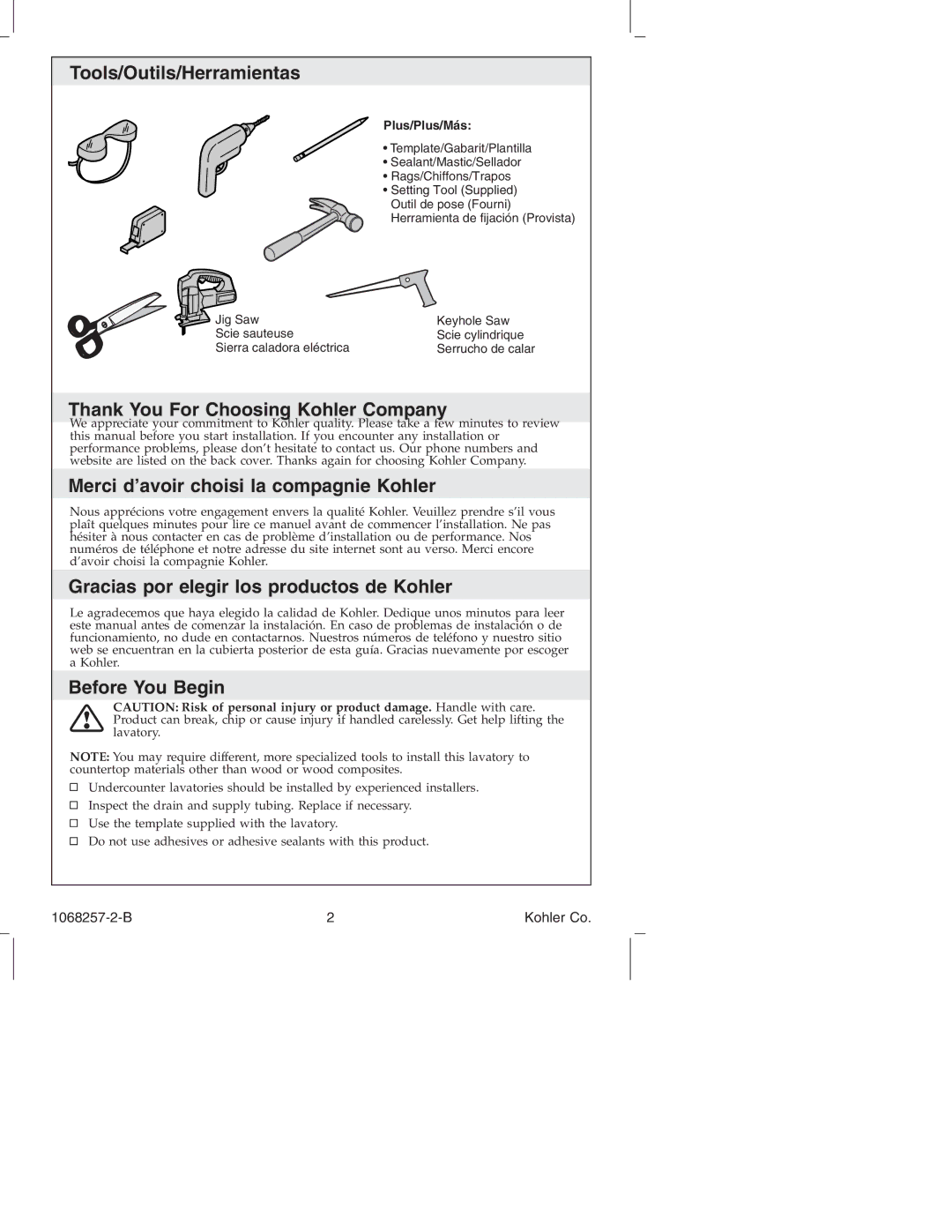 Kohler K-2205 Tools/Outils/Herramientas, Thank You For Choosing Kohler Company, Merci d’avoir choisi la compagnie Kohler 