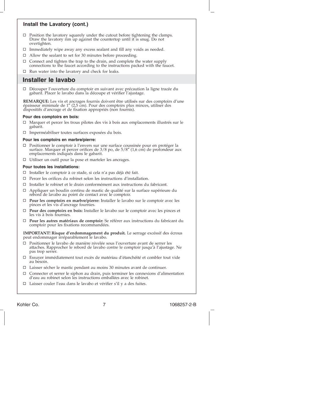 Kohler K-2205 Installer le lavabo, Install the Lavatory, Pour des comptoirs en bois, Pour les comptoirs en marbre/pierre 