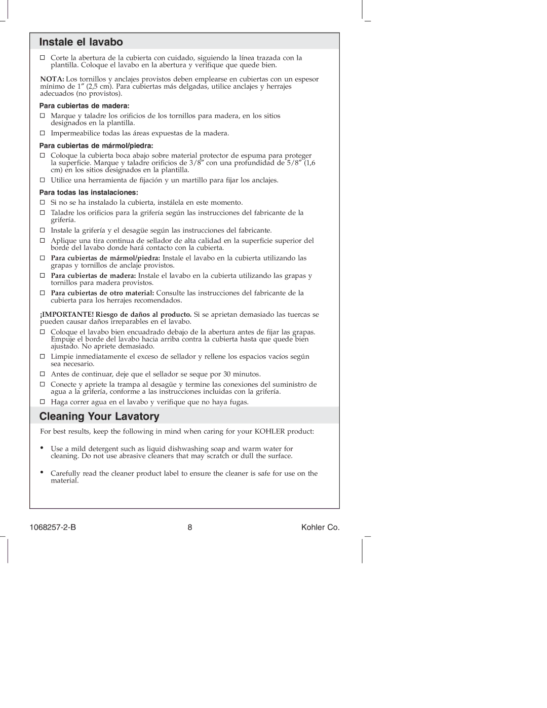 Kohler K-2209, K-2211 Instale el lavabo, Cleaning Your Lavatory, Para cubiertas de madera, Para cubiertas de mármol/piedra 