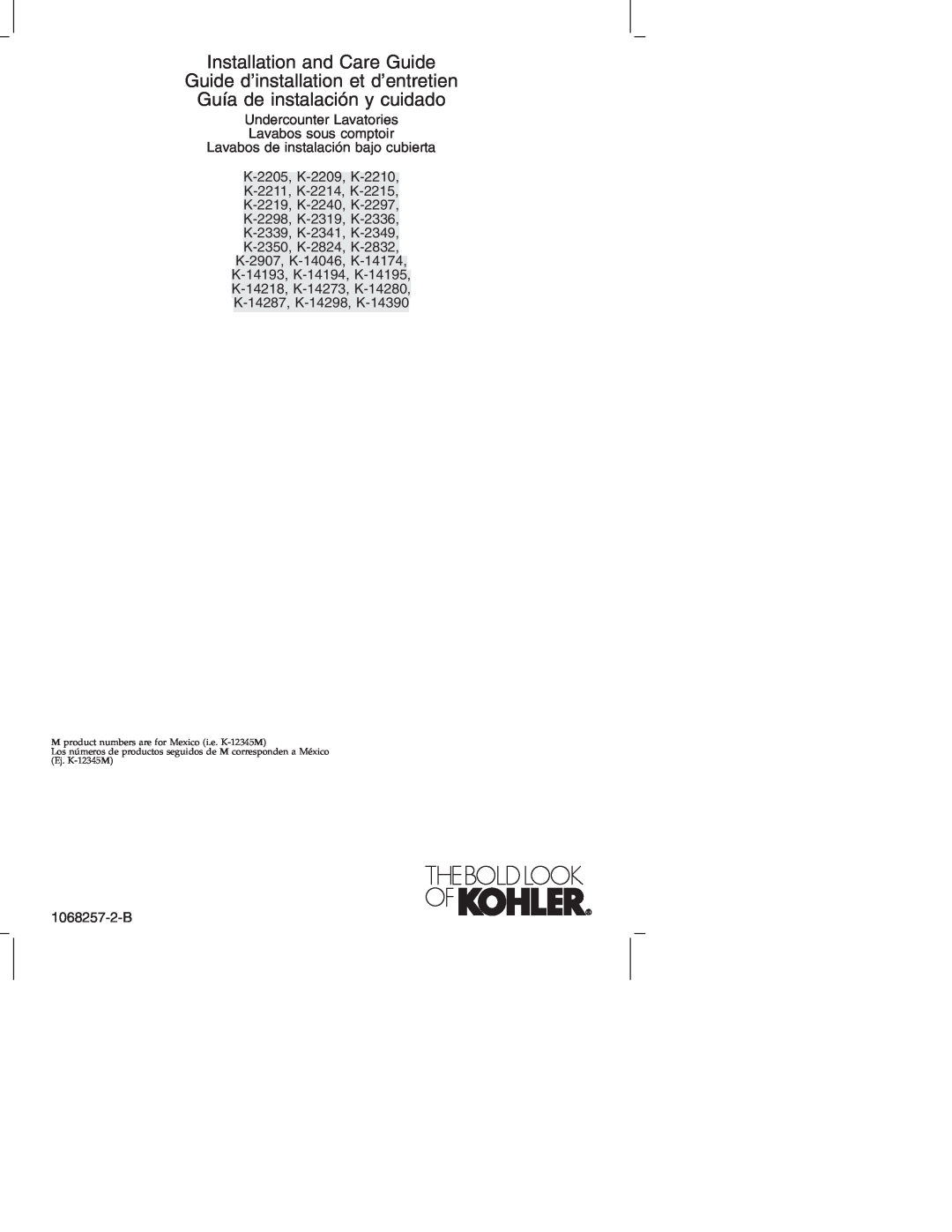 Kohler K-2214 manual Installation and Care Guide, Guide d’installation et d’entretien, Guía de instalación y cuidado 