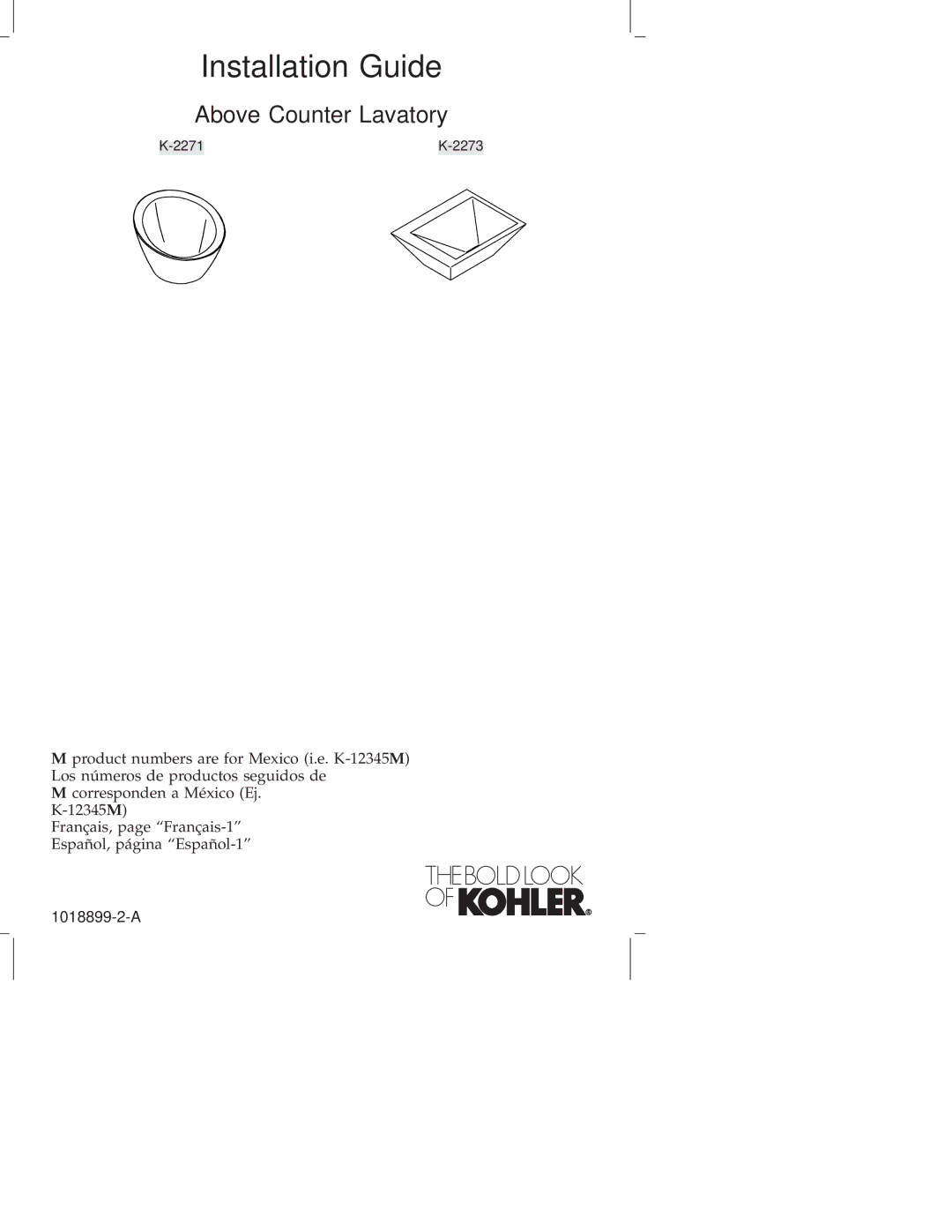 Kohler K-2271, K-2273 manual Installation Guide 