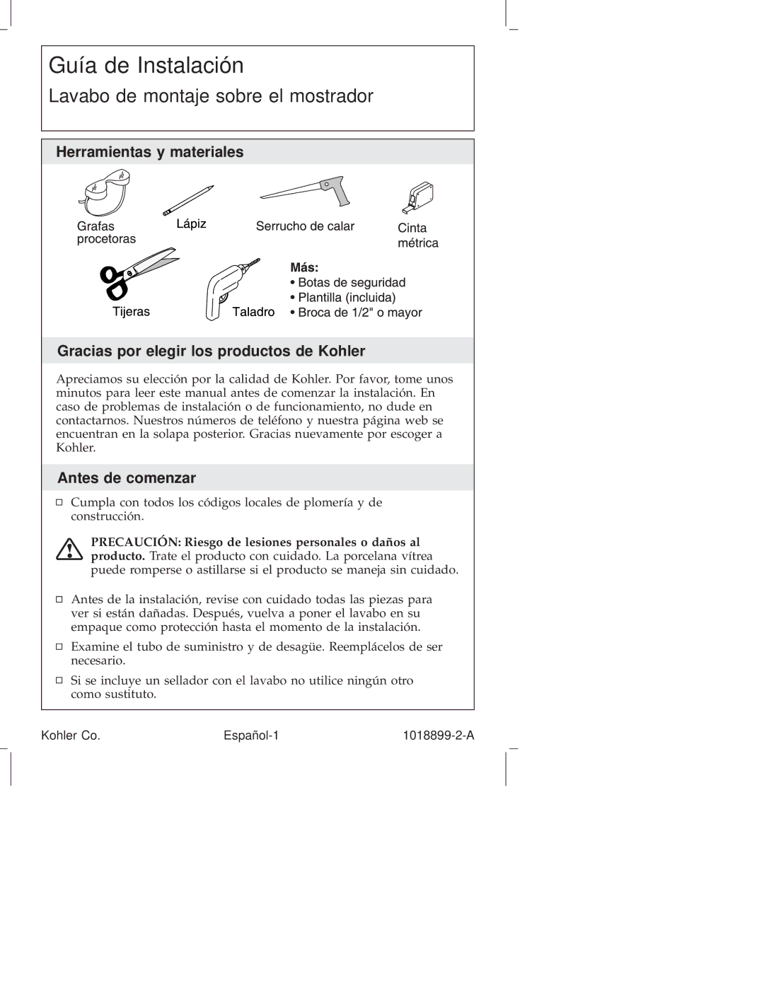 Kohler K-2271, K-2273 manual Guía de Instalación, Antes de comenzar 
