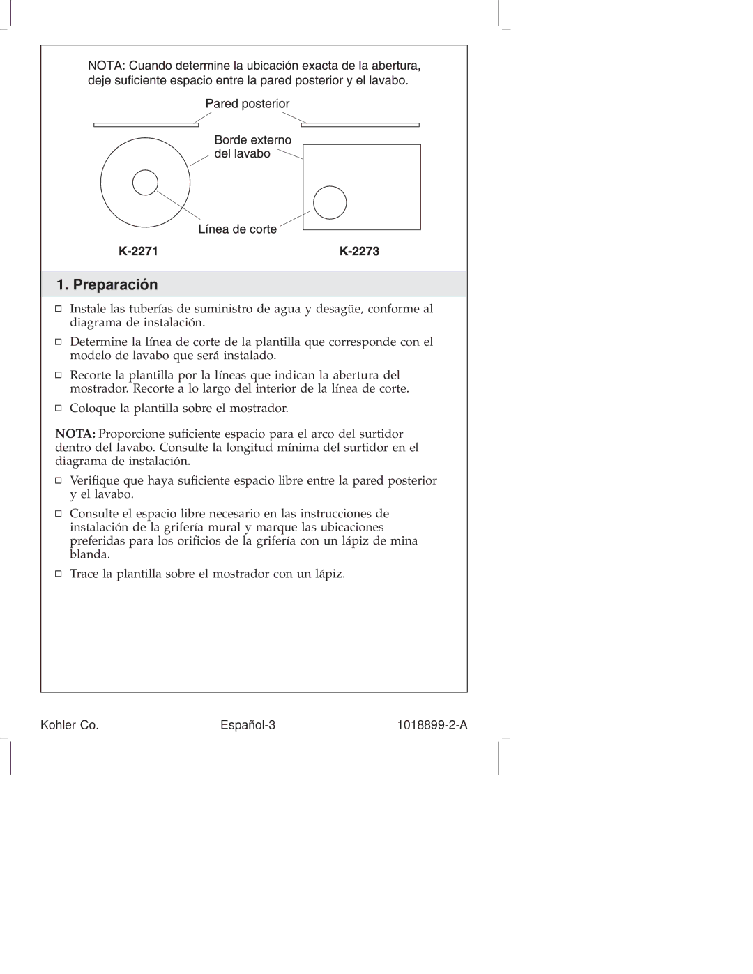 Kohler K-2271, K-2273 manual Preparación 