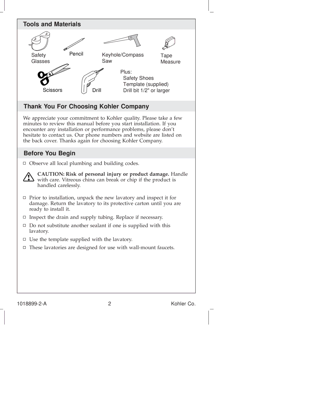Kohler K-2273, K-2271 manual Tools and Materials, Thank You For Choosing Kohler Company, Before You Begin 