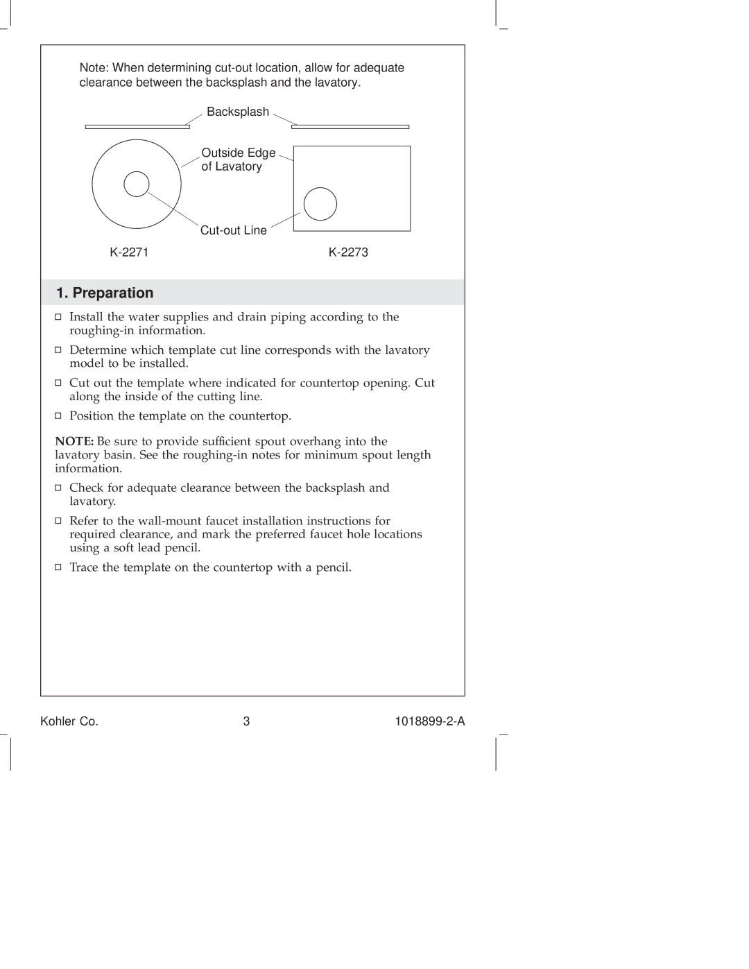 Kohler K-2271, K-2273 manual Preparation, 2271 2273 