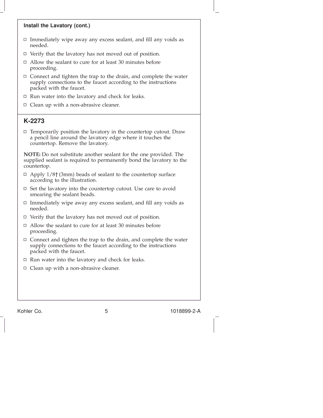 Kohler K-2271, K-2273 manual Install the Lavatory 
