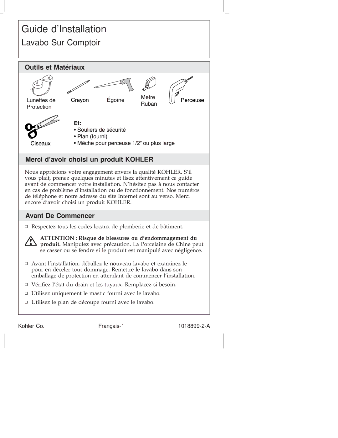 Kohler K-2273, K-2271 manual Outils et Matériaux Merci davoir choisi un produit Kohler, Avant De Commencer 