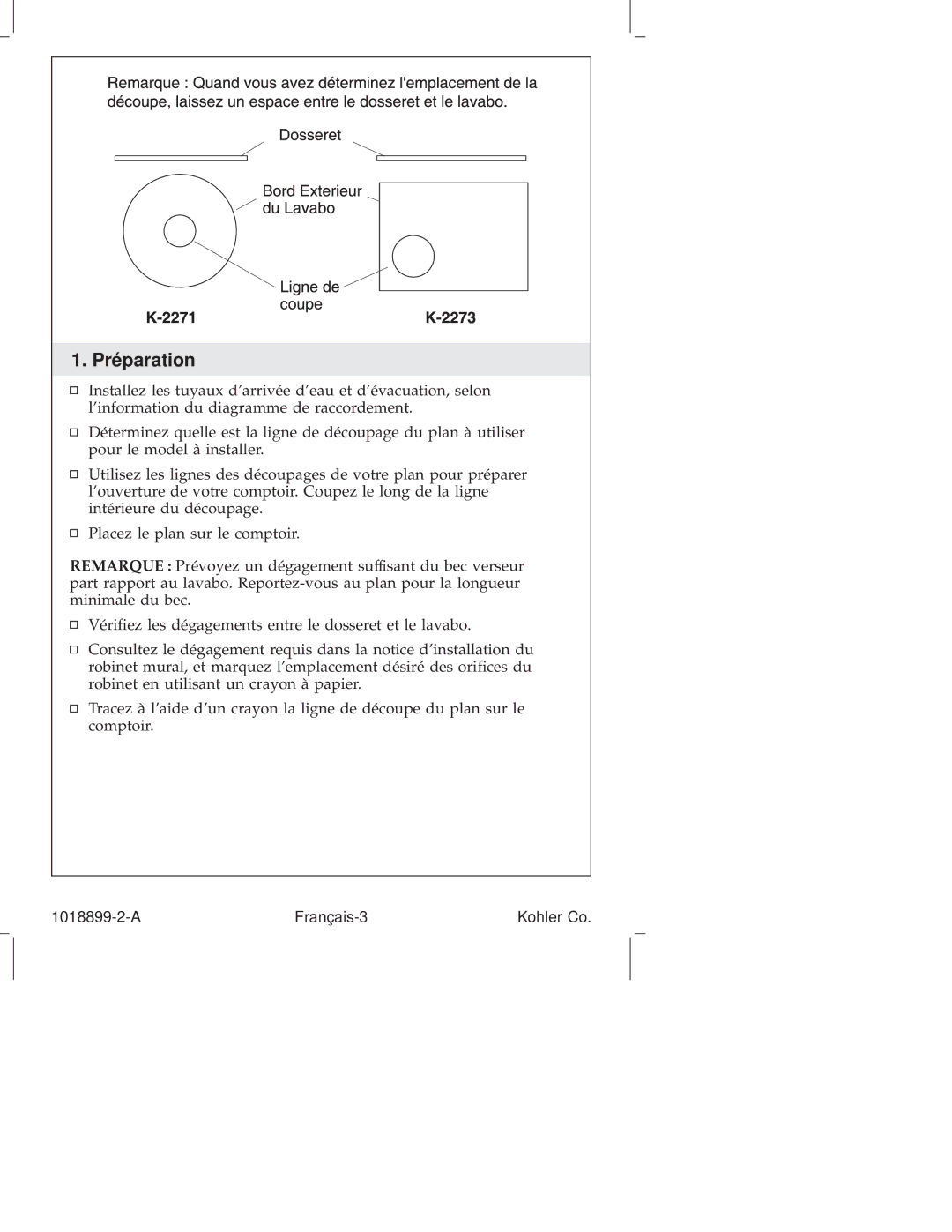 Kohler K-2273, K-2271 manual Préparation 