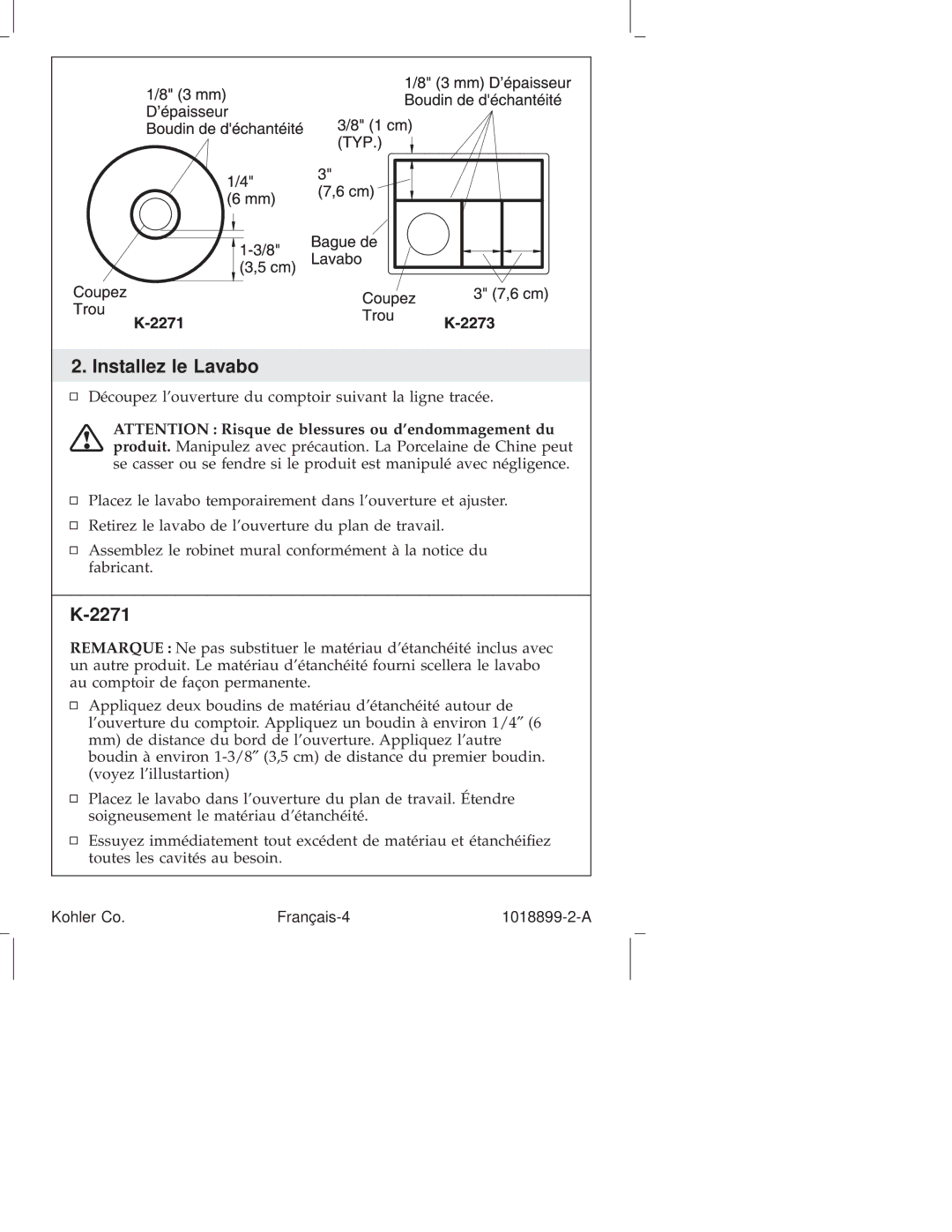 Kohler K-2271, K-2273 manual Installez le Lavabo 