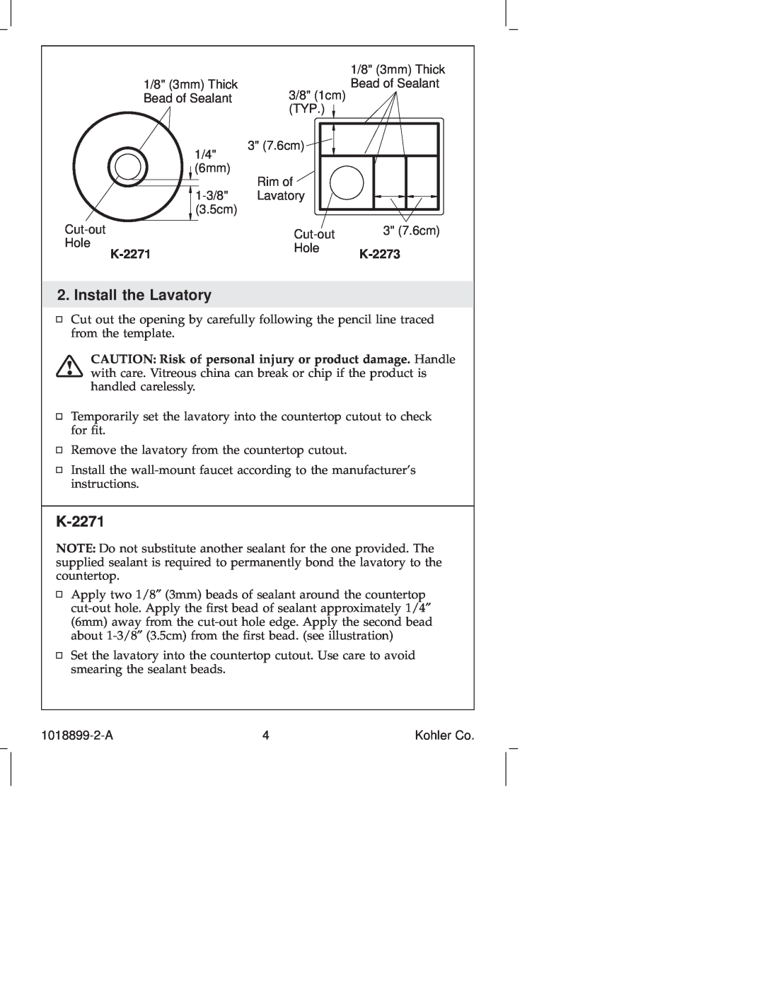 Kohler K-2273 manual Install the Lavatory, K-2271 