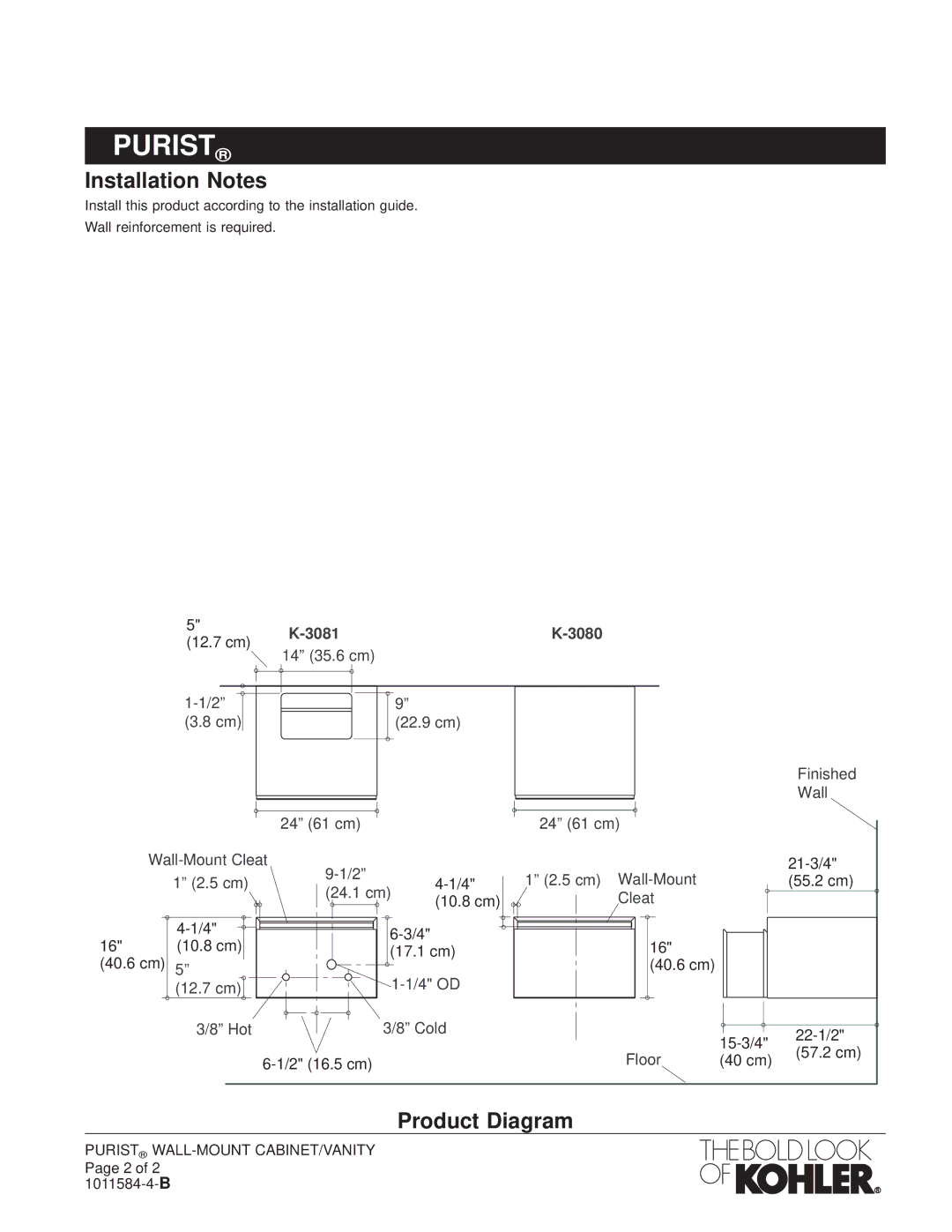 Kohler K-3080, K-3081 manual Installation Notes, Product Diagram, 3081 3080 