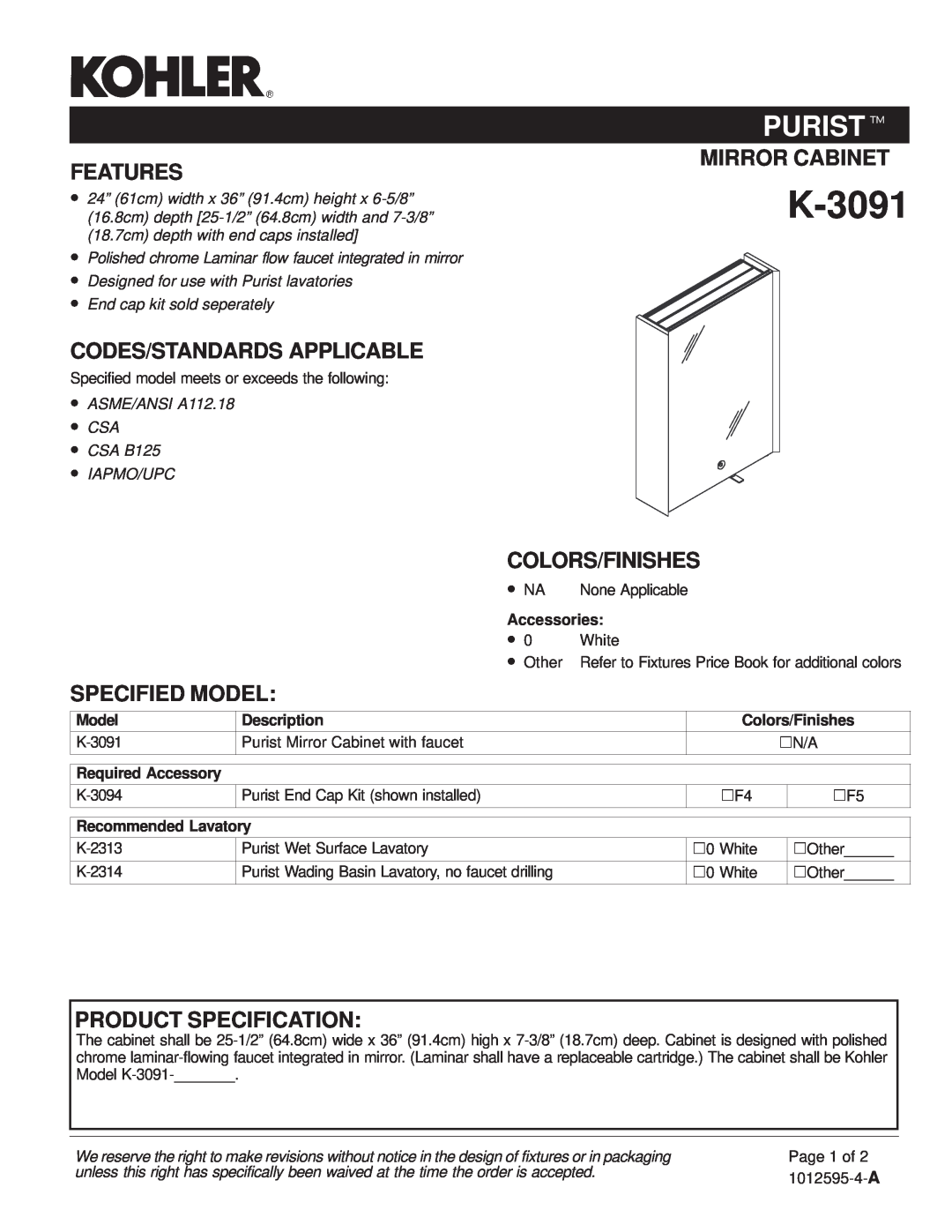 Kohler K-3091 manual Purist, Features, Codes/Standards Applicable, Mirror Cabinet, Colors/Finishes, Specified Model, Na 