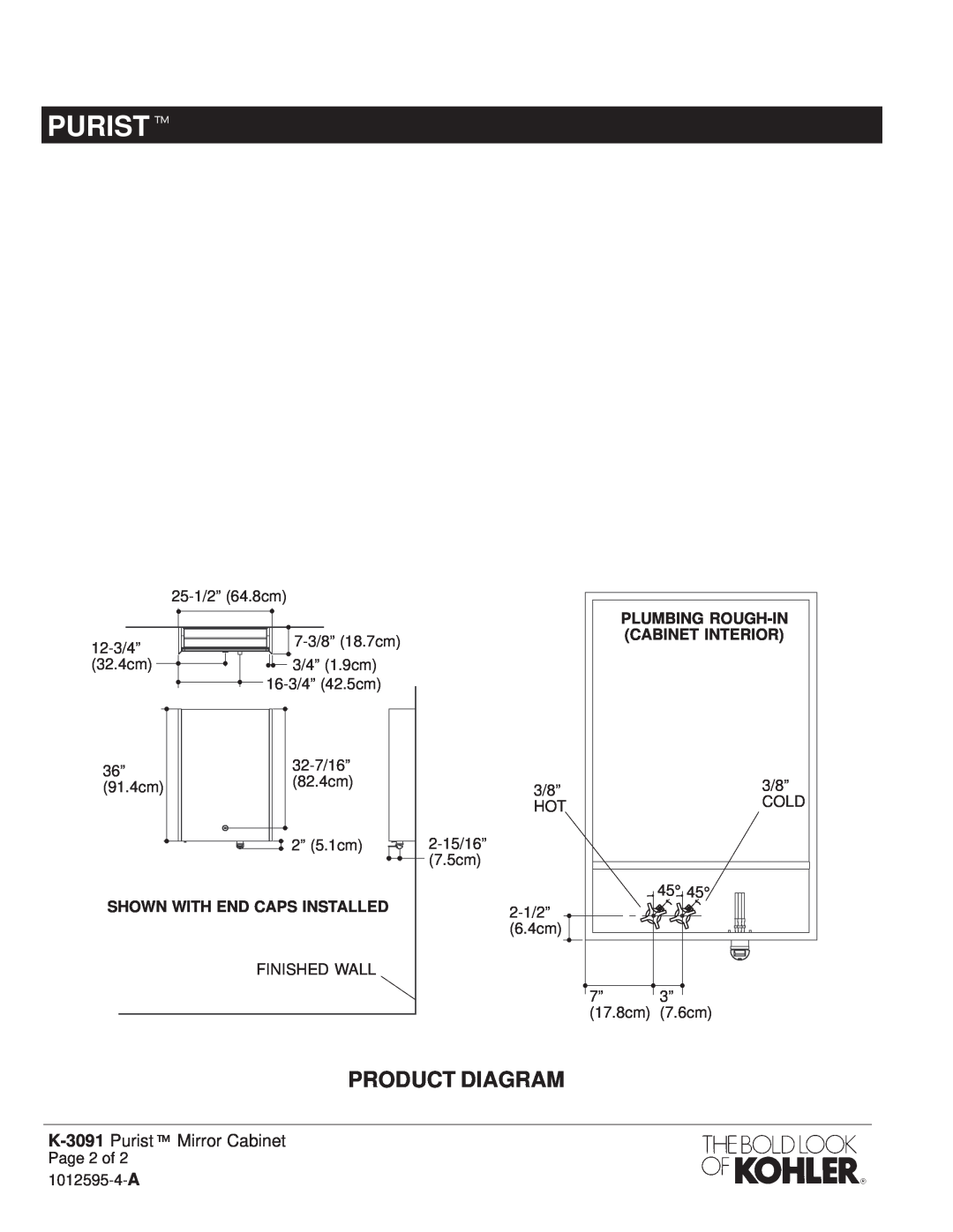 Kohler K-3091 manual PURISTt, Product Diagram, Shown With End Caps Installed, Plumbing Rough-Incabinet Interior 